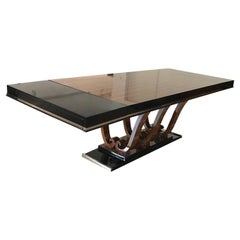 Art Deco Dining Table, Expandable, Walnut Veneer, Black Lacquer, France, 1930s