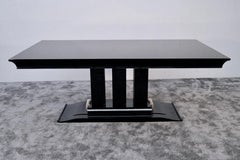 Table de salle à manger Art déco en laque noire avec accents argentés, France, années 1930