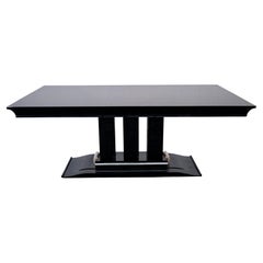 Table de salle à manger Art déco en laque noire avec accents argentés, France, années 1930