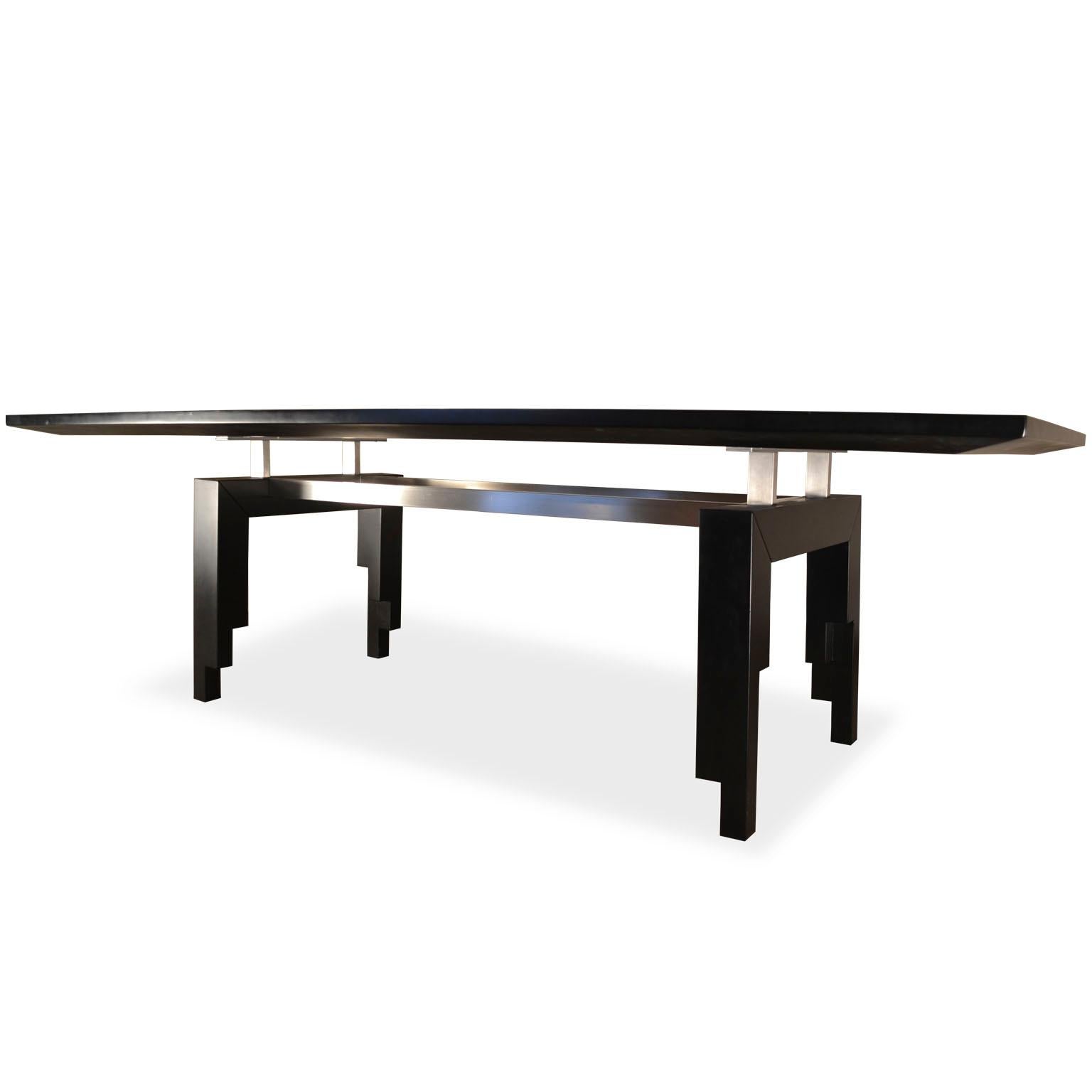 Italian Art Deco Dining Table Scagliola Art Steel Decoration on Lacquered Wooden Base
