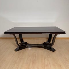 Table de salle à manger Art Deco avec 10 chaises, ébène de Macassar, laiton, Paris circa 1930