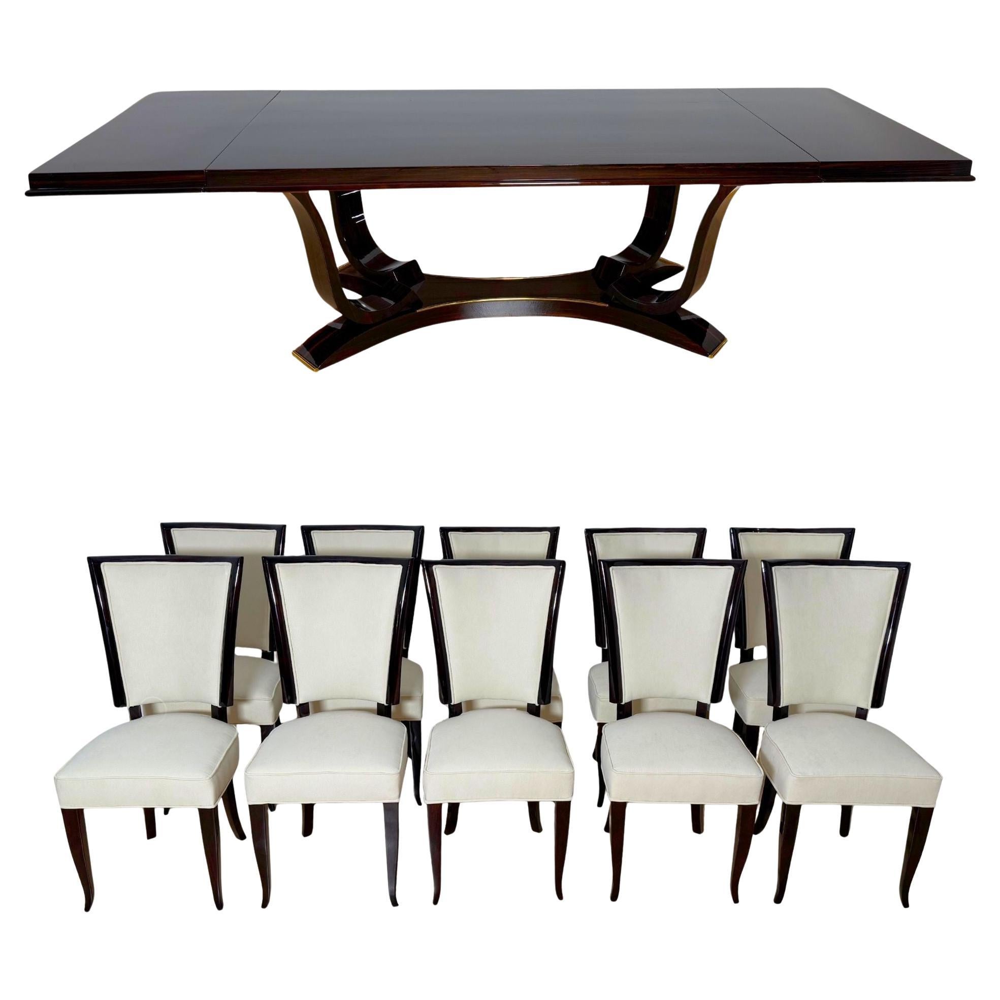 Tavolo da pranzo Art Deco con 10 sedie, Ebano Macassar, Ottone, Parigi circa 1930
