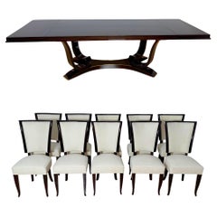 Art Deco Dining Table with 10 Chairs, Macassar Ebony, Brass, Paris circa 1930