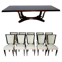 Art Deco Dining Table with 10 Chairs, Macassar Ebony, Brass, Paris circa 1930