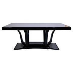 Art Deco Dining Table With Bowed Top In Black Lacquer On Elegantly Curved Legs