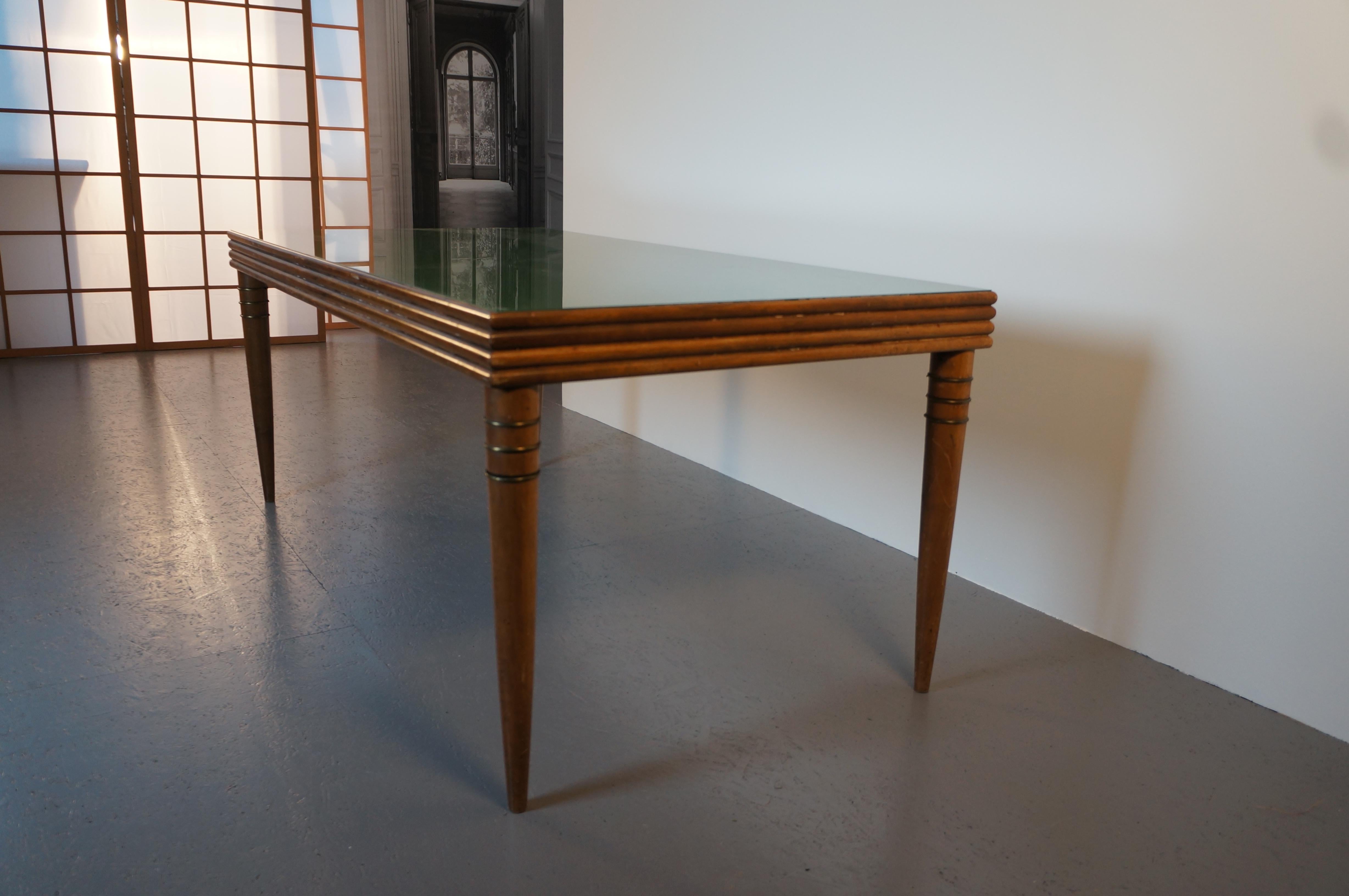 Wood Art Deco Dining Table with British Green Glass Top For Sale