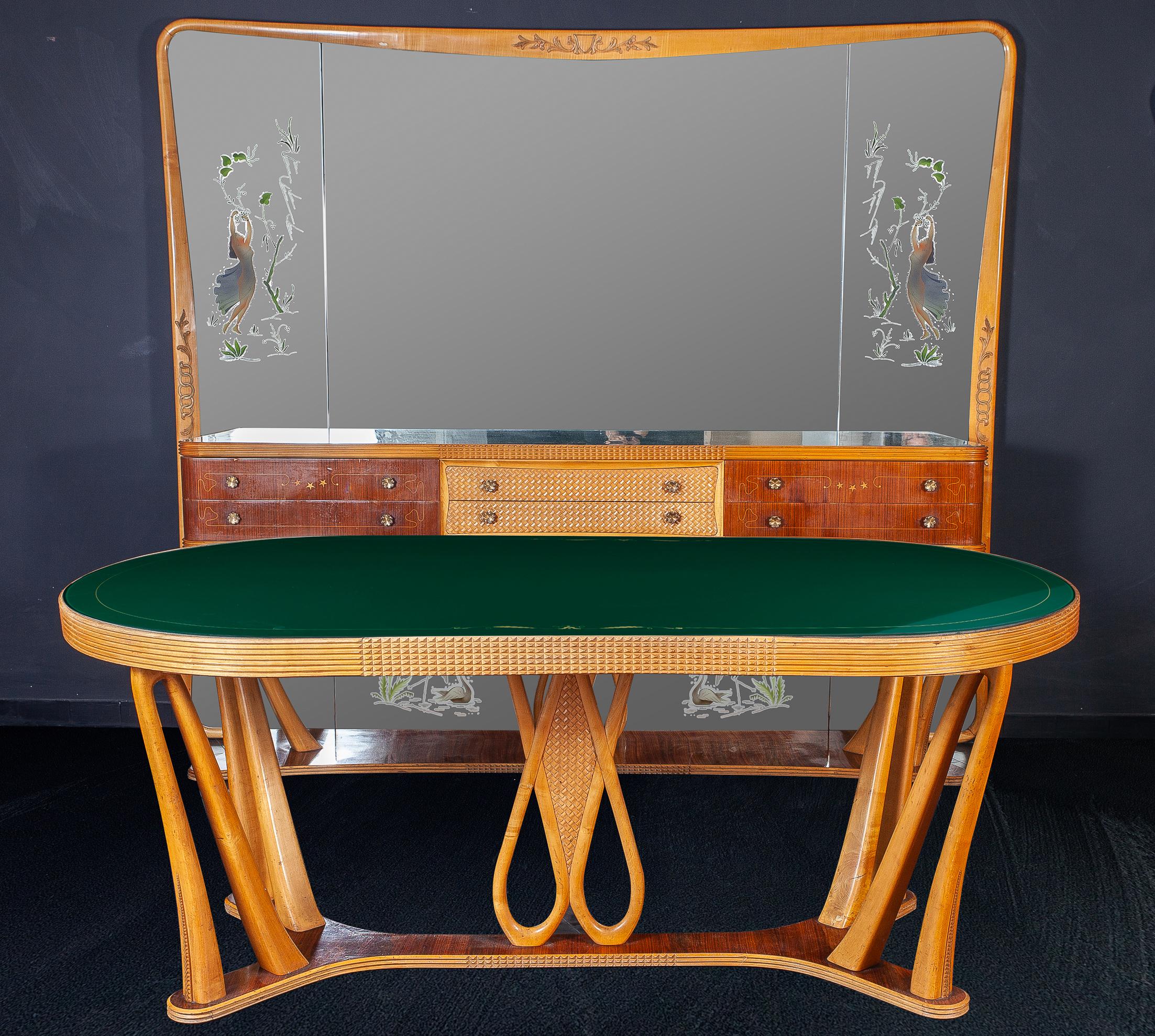 Mid-20th Century Art Deco Dining Table with Green Glass Top attributed to Osvaldo Borsani, 1940