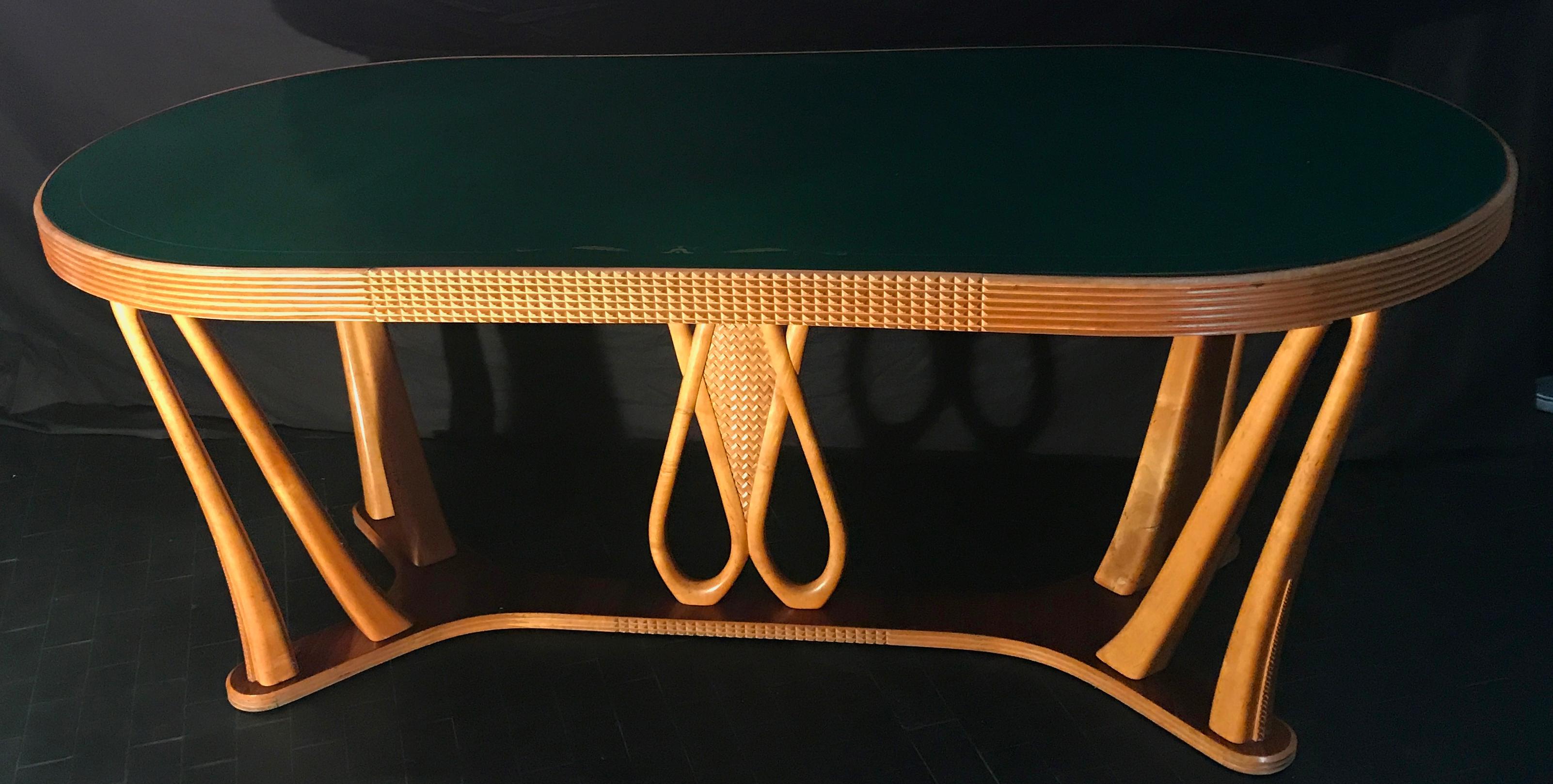 Art Deco Dining Table with Green Glass Top attributed to Osvaldo Borsani, 1940 2