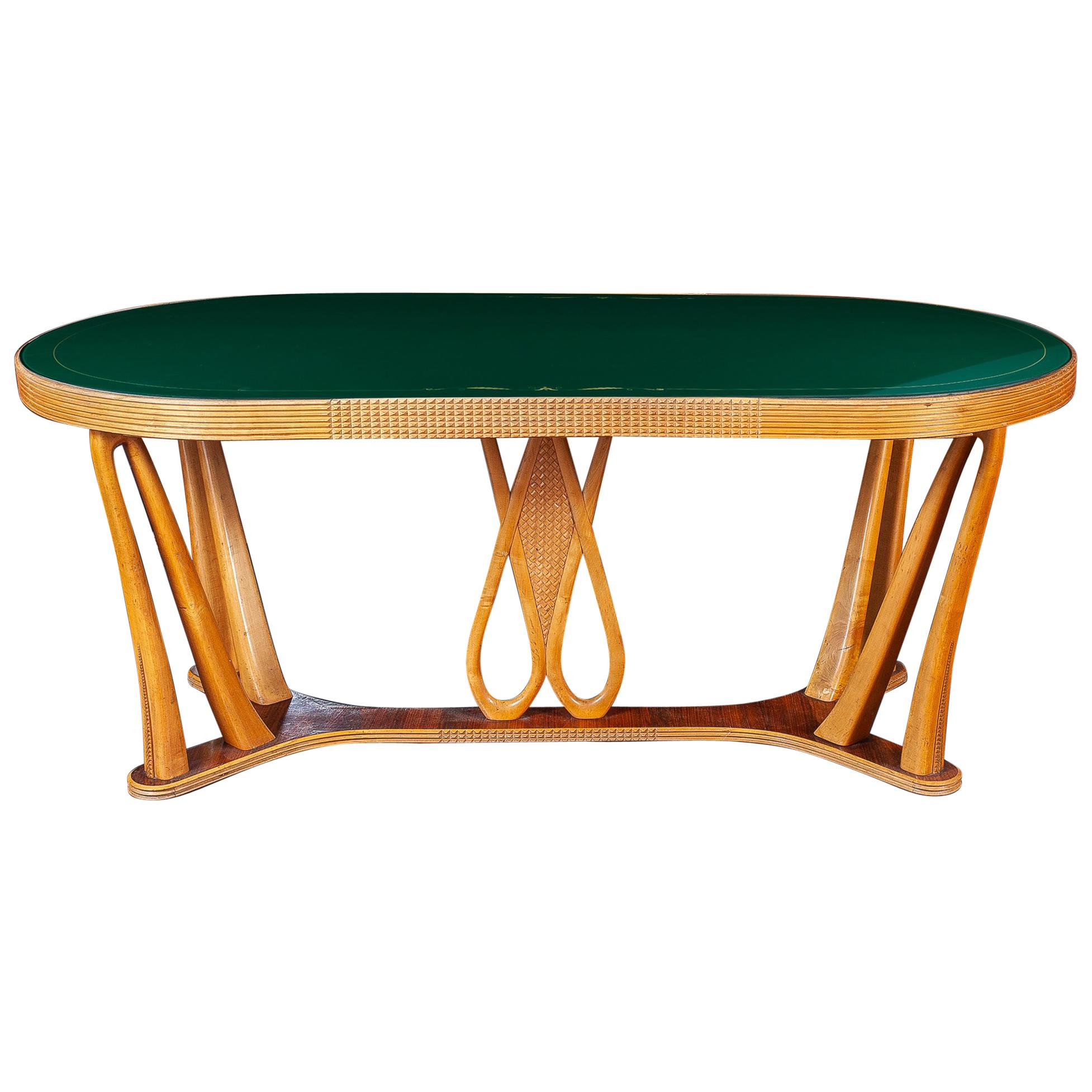 Art Deco Dining Table with Green Glass Top attributed to Osvaldo Borsani, 1940