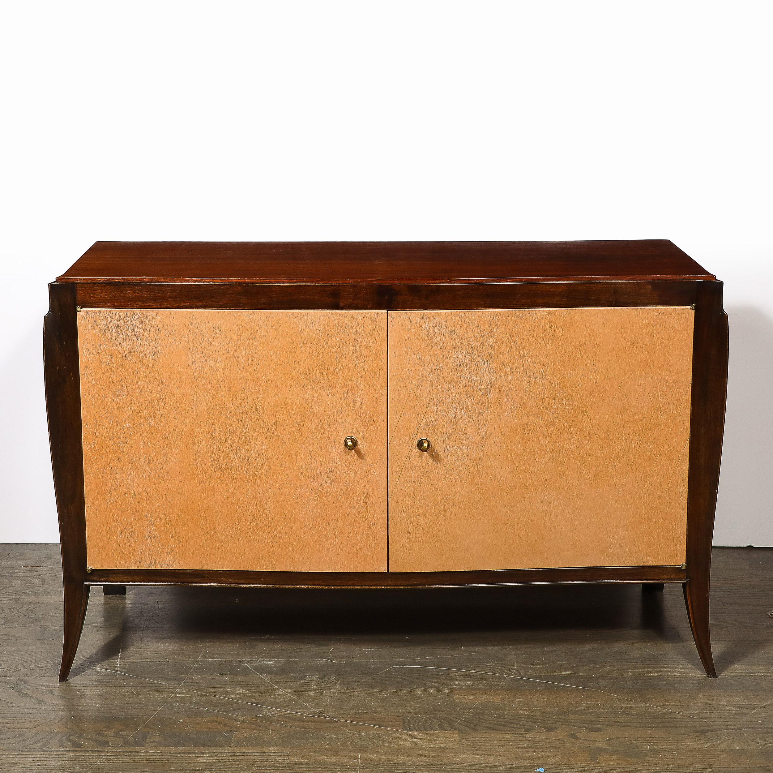 Credenza in stile Art Déco Directoire in noce e ante in pelle di cuoio in vendita 1