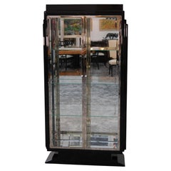 Art Deco Display Cabinet in Black with Mirror and Glass Interior, France 1930s