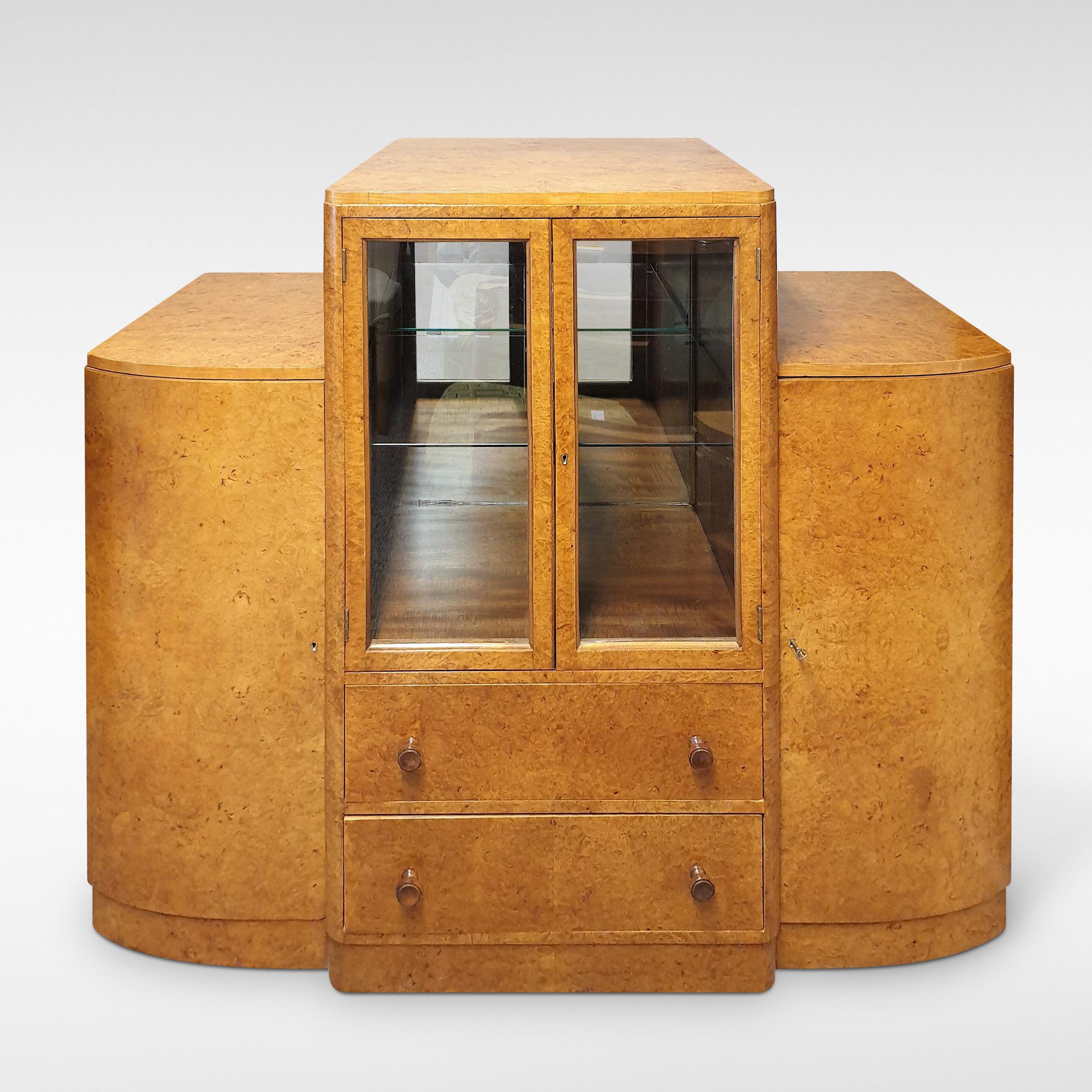 British Art Deco Display Cabinet in Burr Walnut For Sale