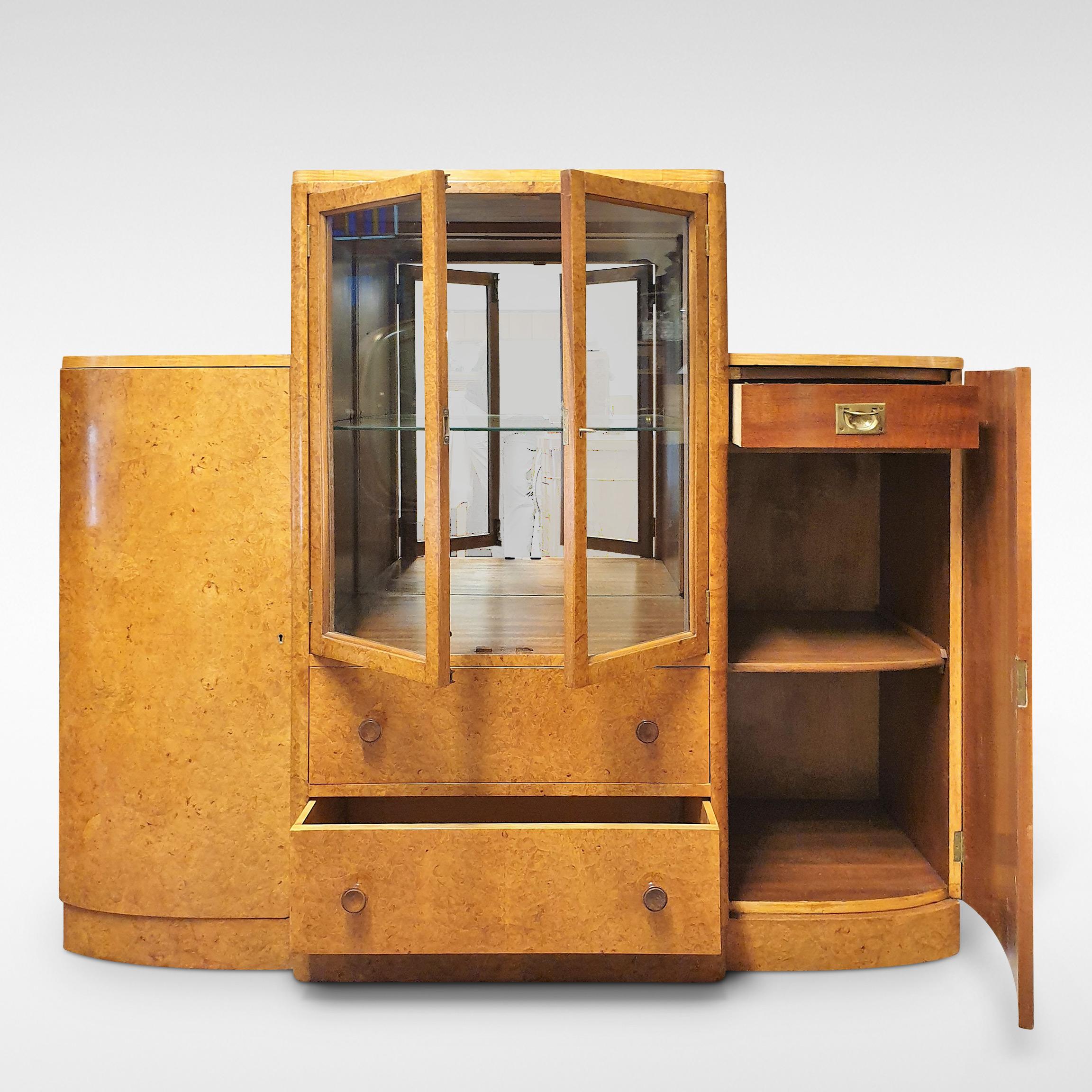 Veneer Art Deco Display Cabinet in Burr Walnut For Sale
