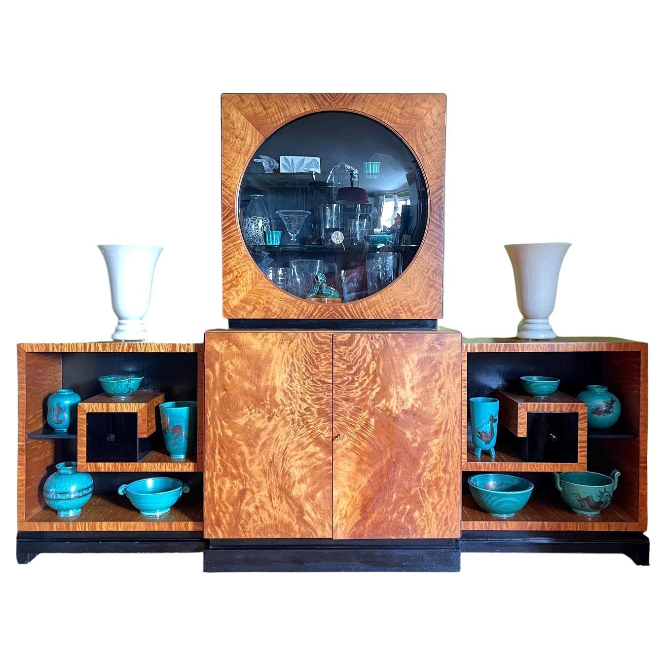 Art Deco Display Cabinet in Golden Mahogany, Bubble Glass & Greek Key Shelves
