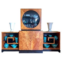 Art Deco Display Cabinet in Golden Mahogany, Bubble Glass & Greek Key Shelves