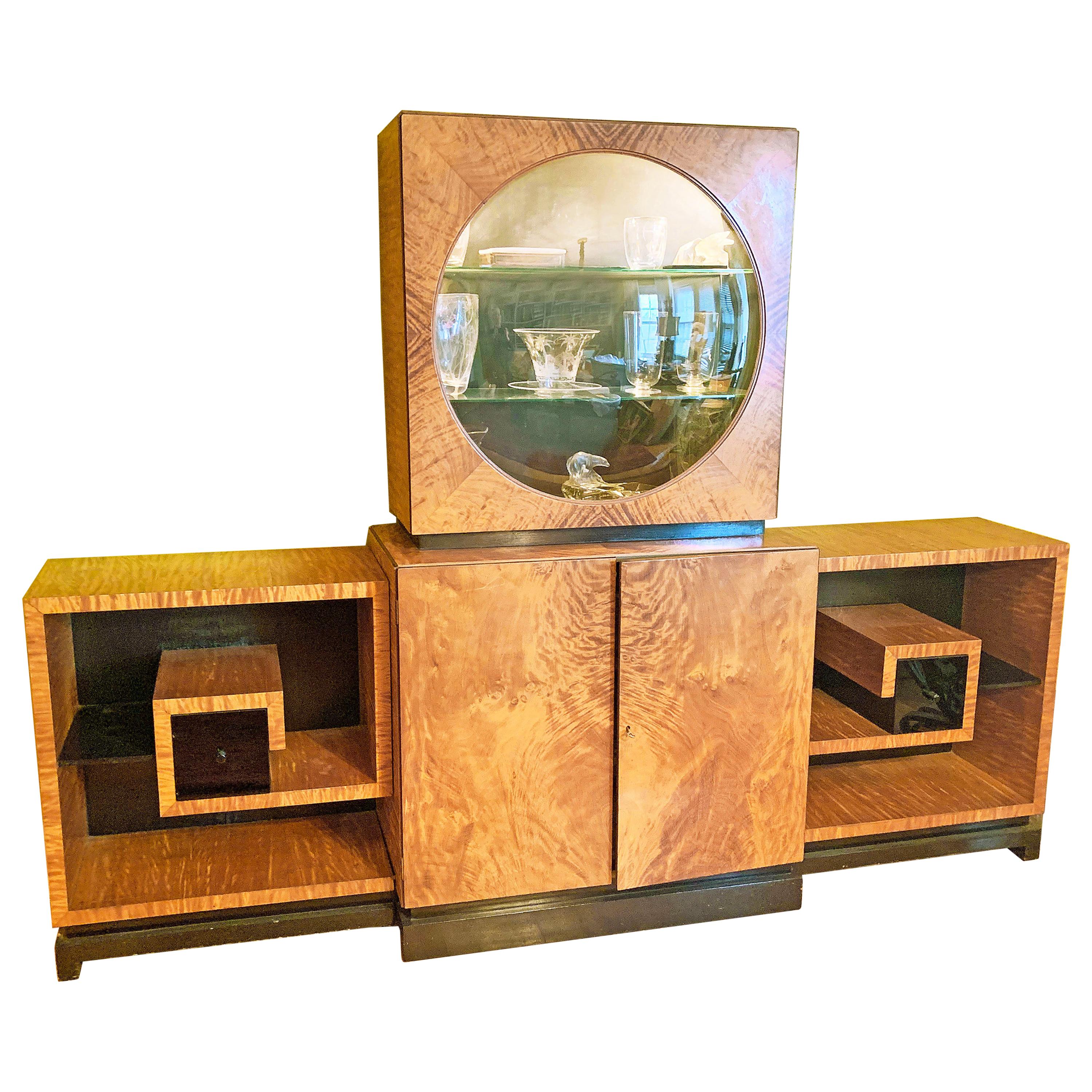 Art Deco Display Cabinet in Golden Mahogany with Vitrine and Greek Key Shelves