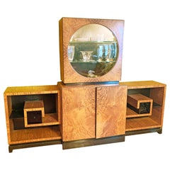 Vintage Art Deco Display Cabinet in Golden Mahogany with Vitrine and Greek Key Shelves