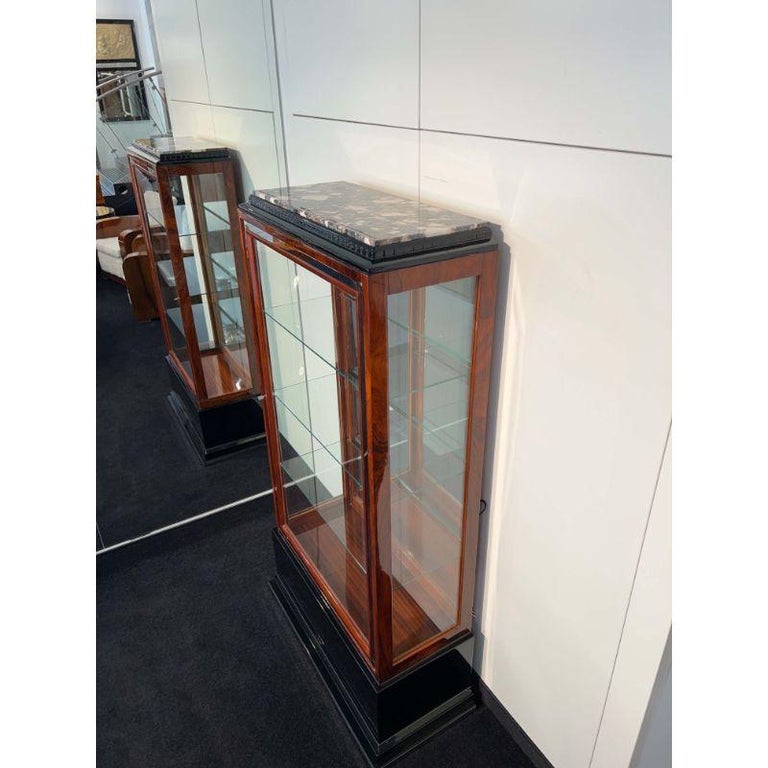 Art Deco Display Case, Macassar, 3 Sides Glass, Marble Top, France