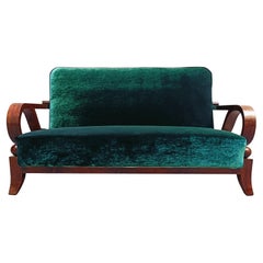 Art Deco' Divano in Legno e Tessuto Verde, Italika 1940s