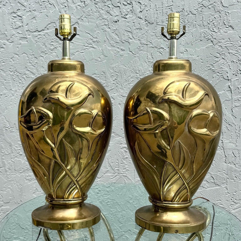 Art Deco Dolbi Cashier Style Brass Tulip Table Lamps - A Pair For