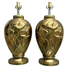 Art Deco Dolbi Cashier Style Brass Tulip Table Lamps - A Pair