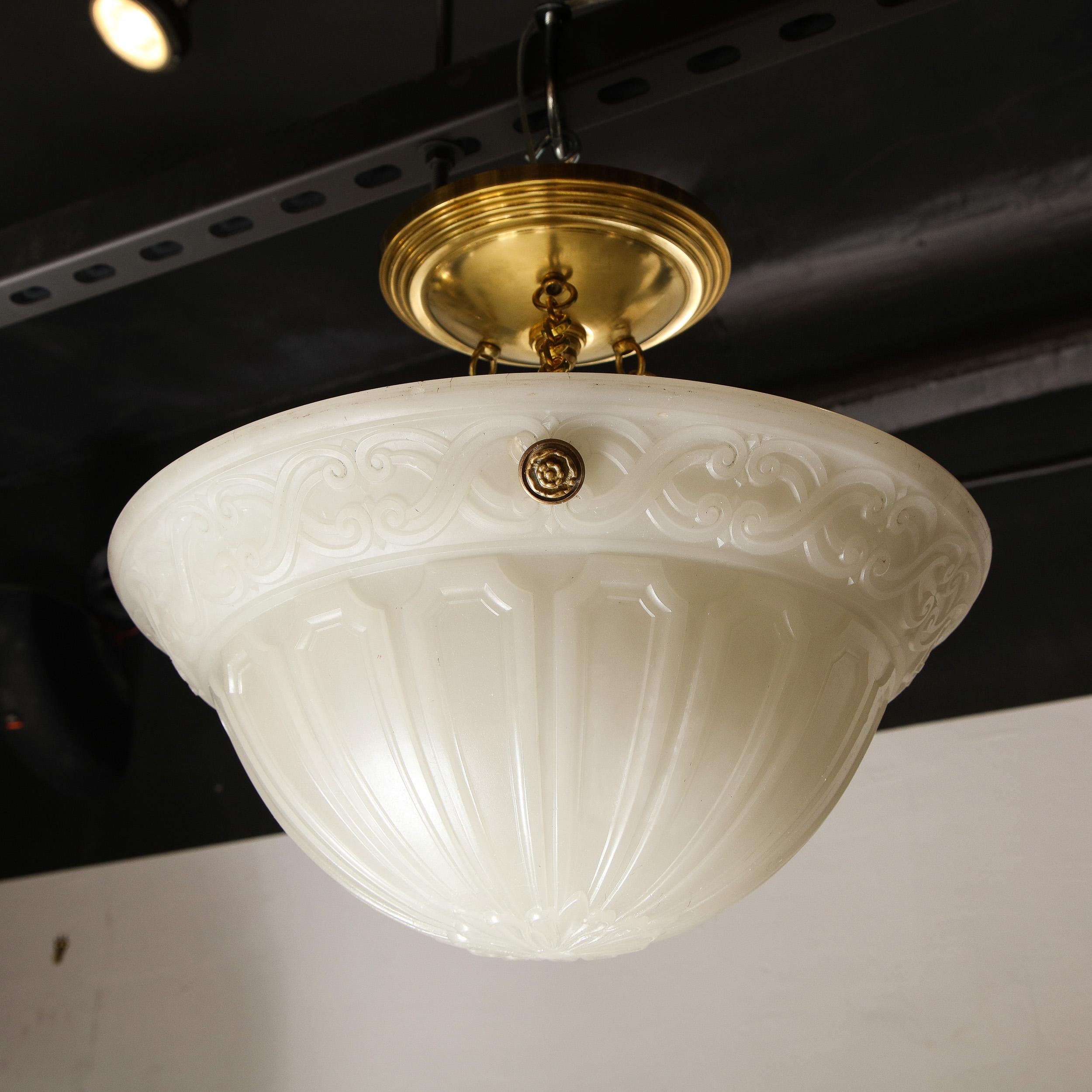 Art Deco Domed Milk Glass Pendant with Neoclassical Detailing & Brass Fittings For Sale 5