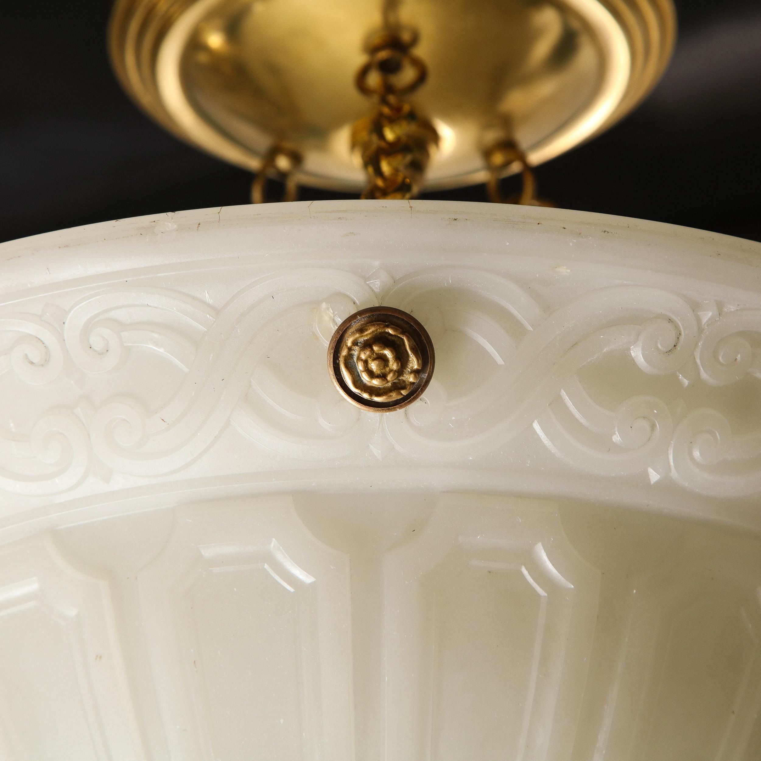 Art Deco Domed Milk Glass Pendant with Neoclassical Detailing & Brass Fittings For Sale 6