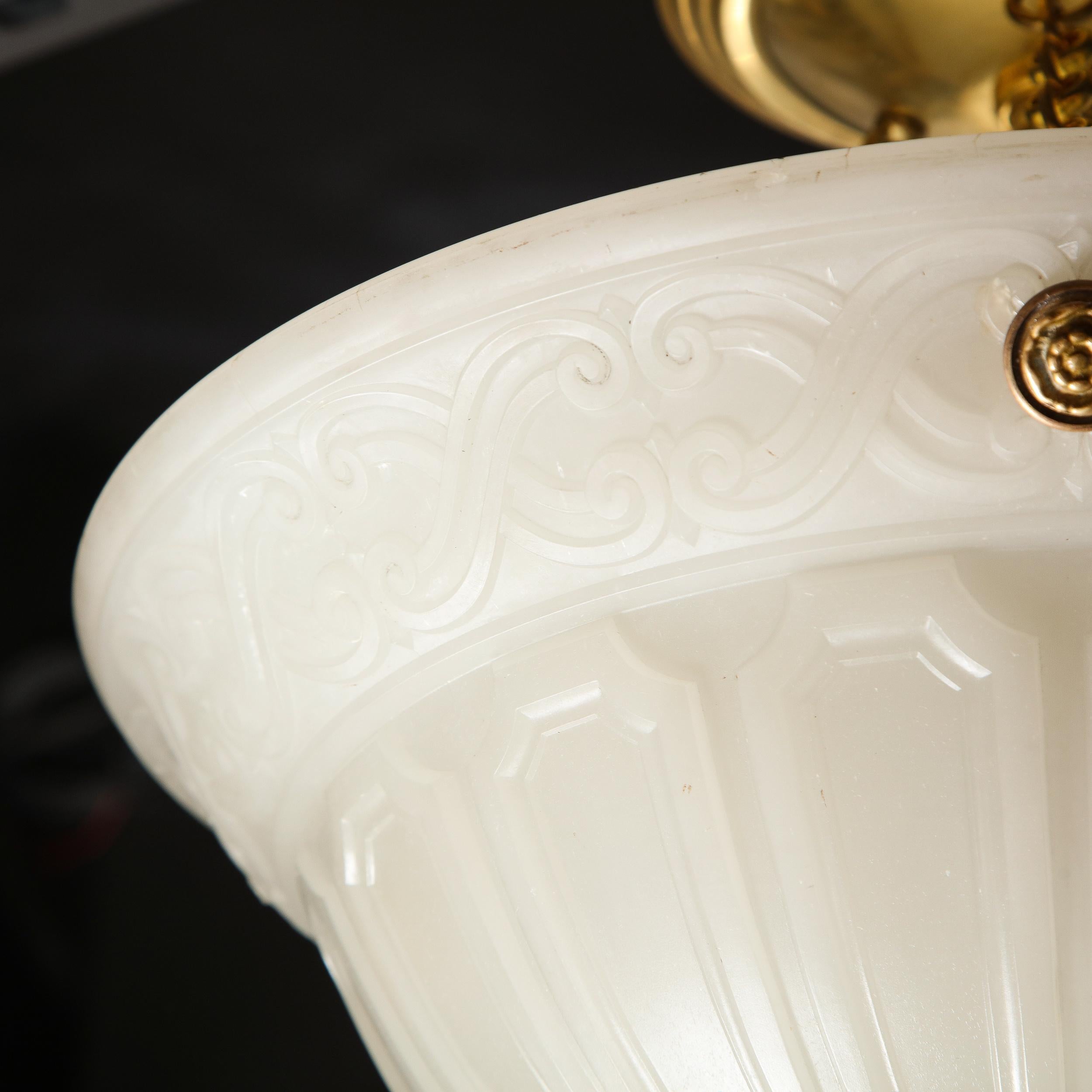 Art Deco Domed Milk Glass Pendant with Neoclassical Detailing & Brass Fittings For Sale 7
