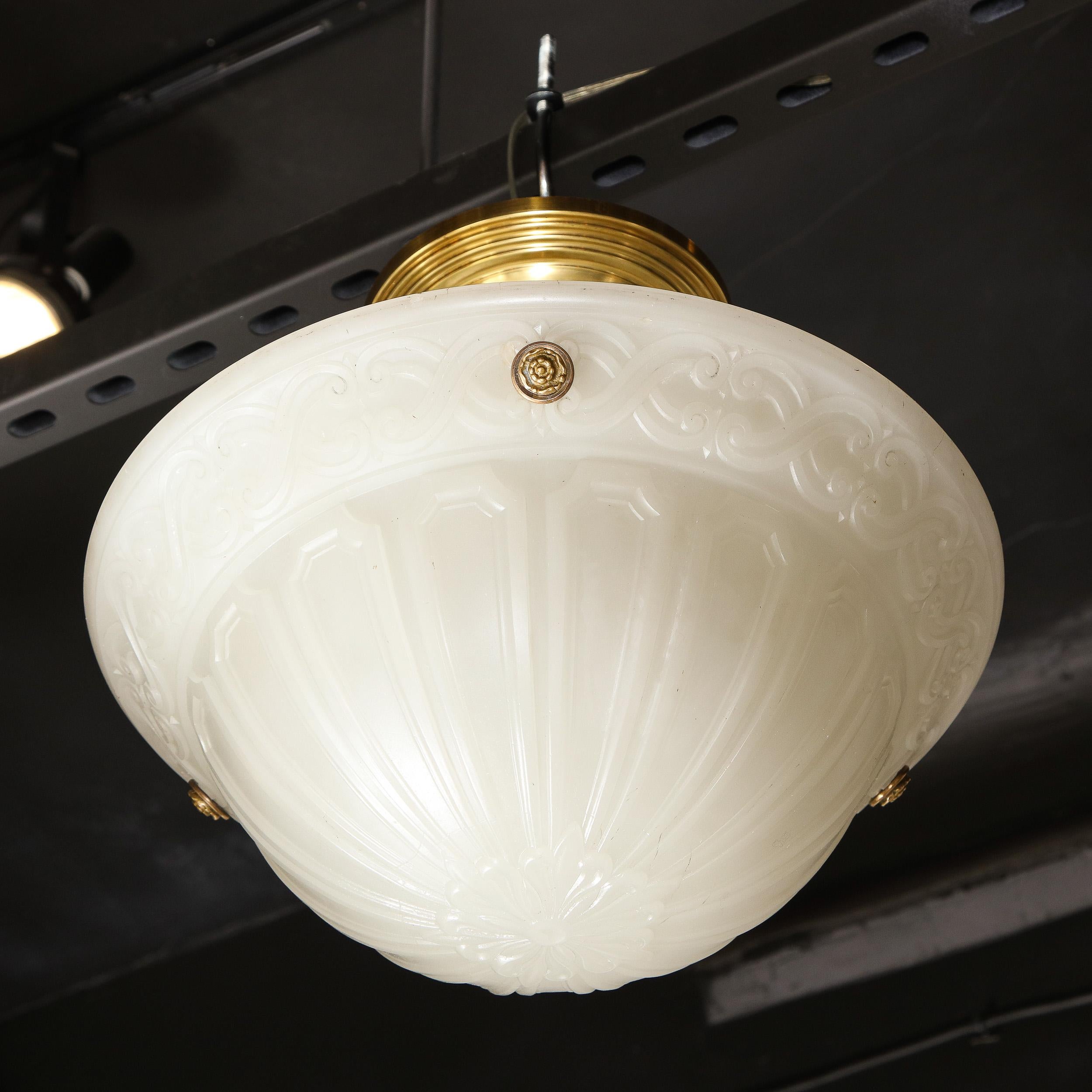 Art Deco Domed Milk Glass Pendant with Neoclassical Detailing & Brass Fittings For Sale 8