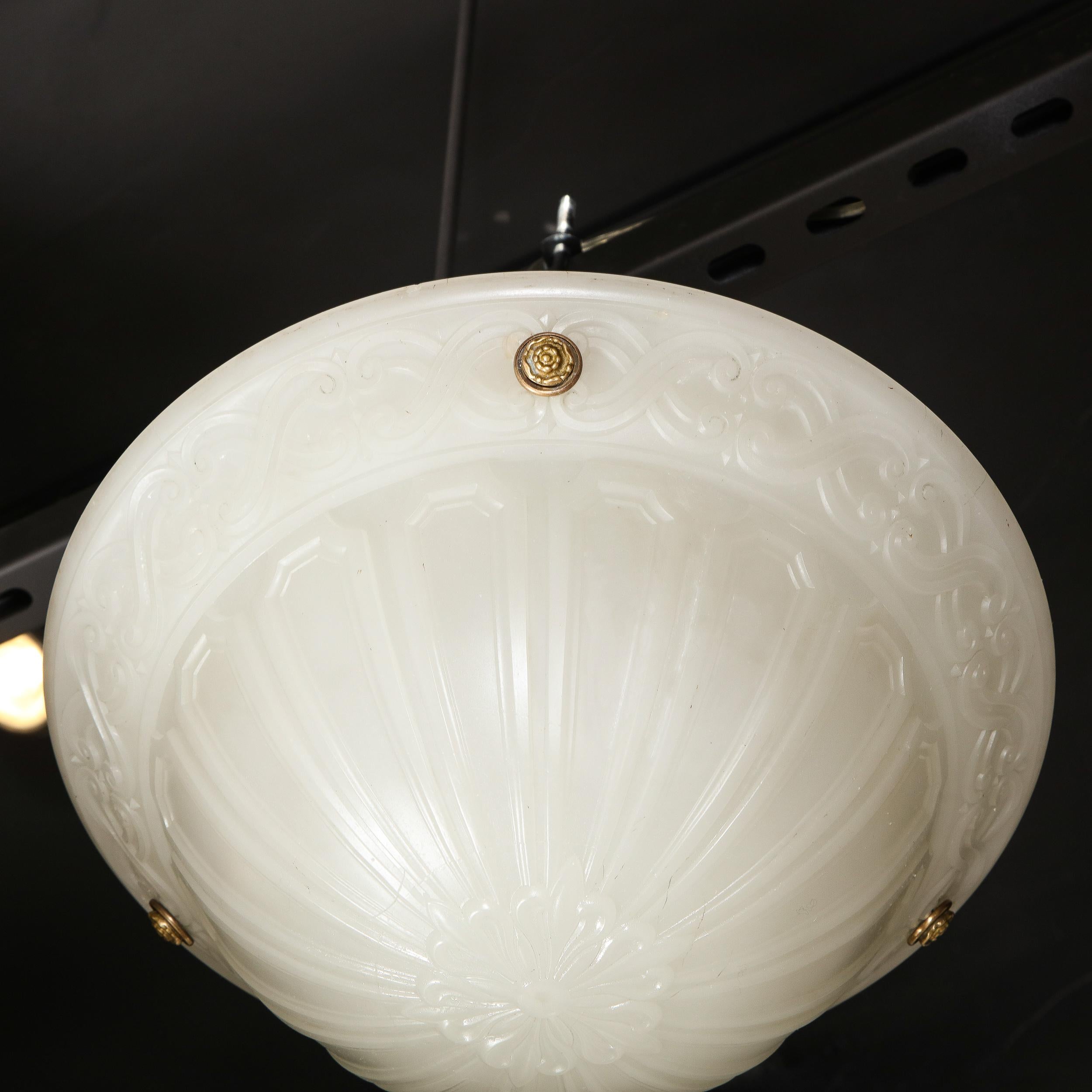 American Art Deco Domed Milk Glass Pendant with Neoclassical Detailing & Brass Fittings For Sale