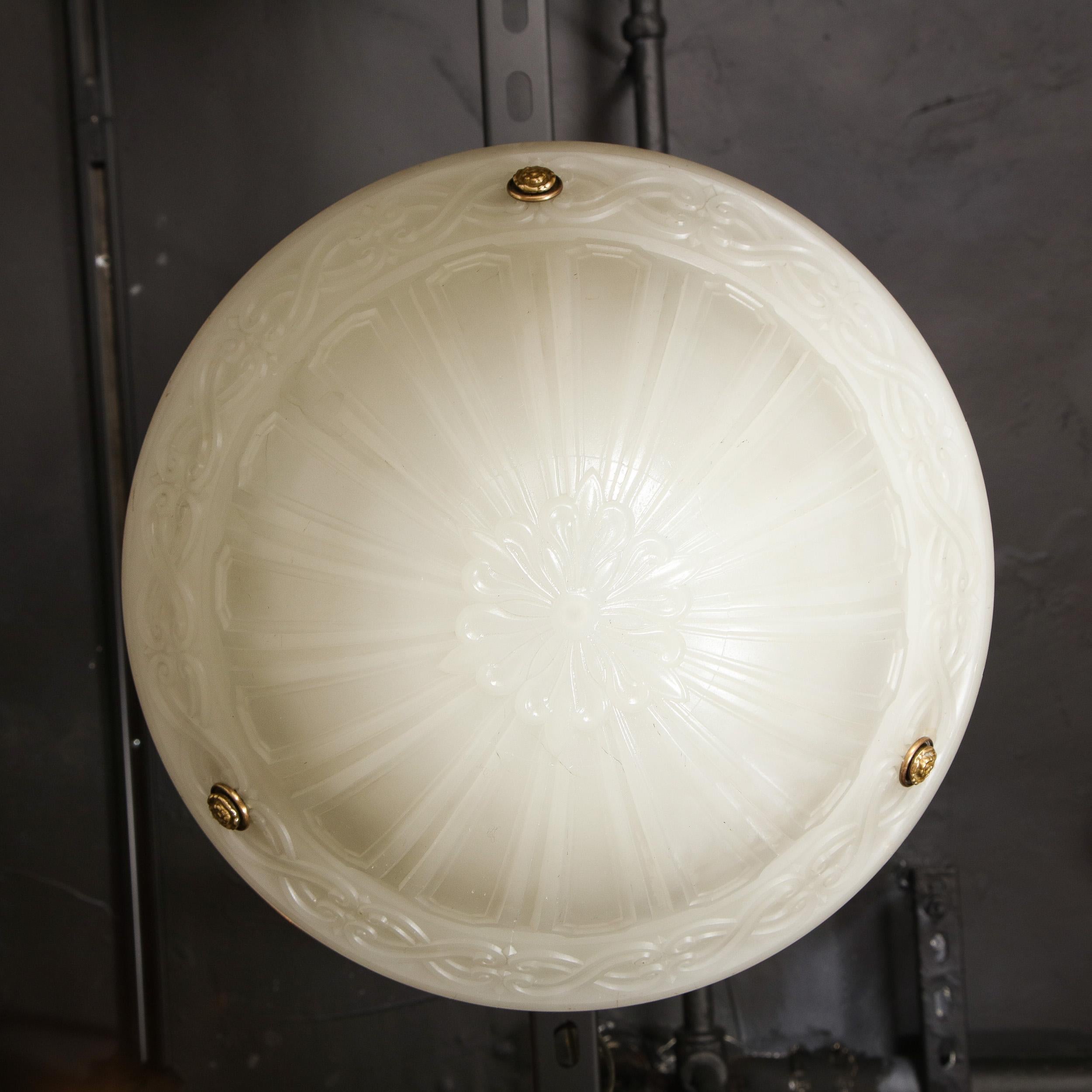 Art Deco Domed Milk Glass Pendant with Neoclassical Detailing & Brass Fittings In Excellent Condition For Sale In New York, NY