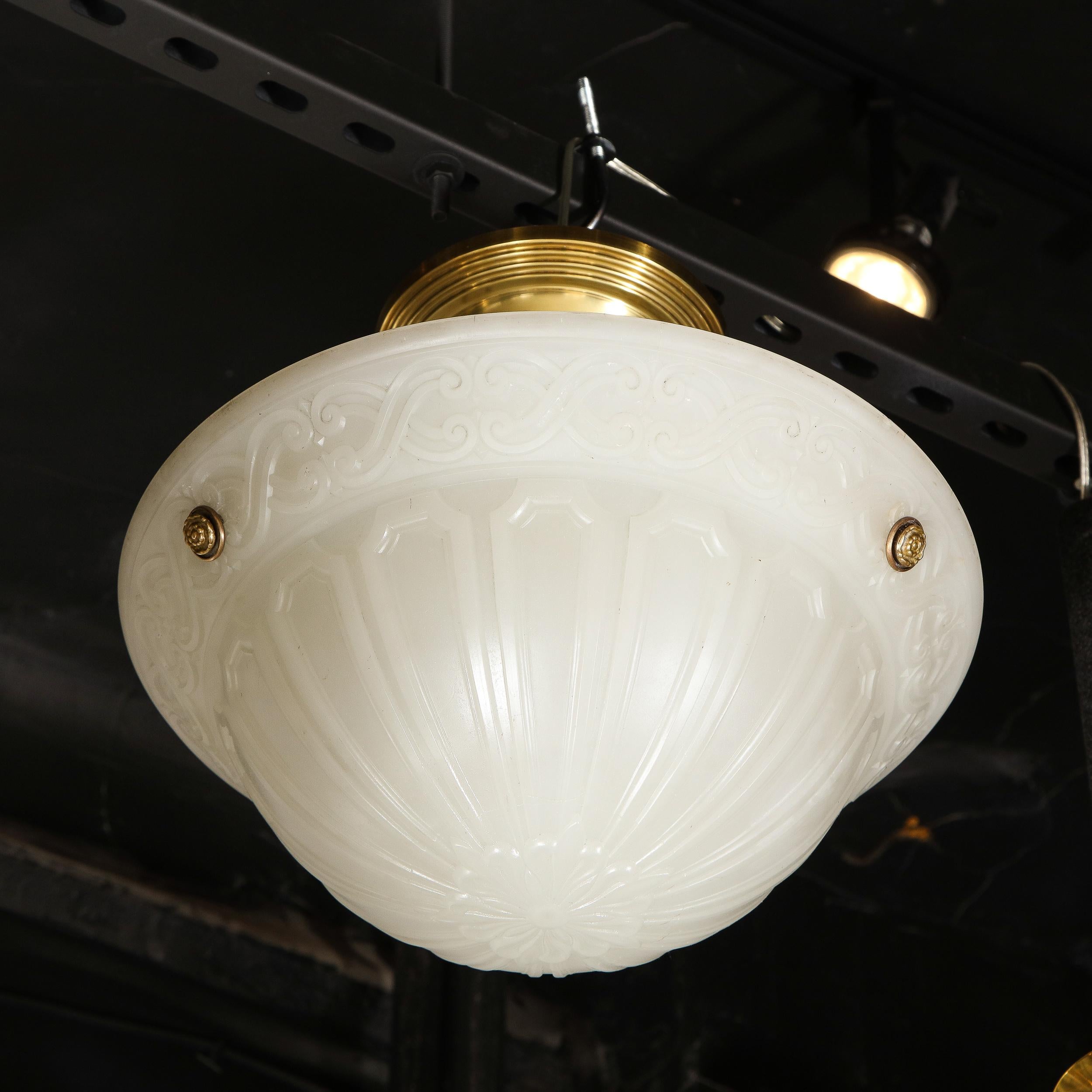 Mid-20th Century Art Deco Domed Milk Glass Pendant with Neoclassical Detailing & Brass Fittings For Sale