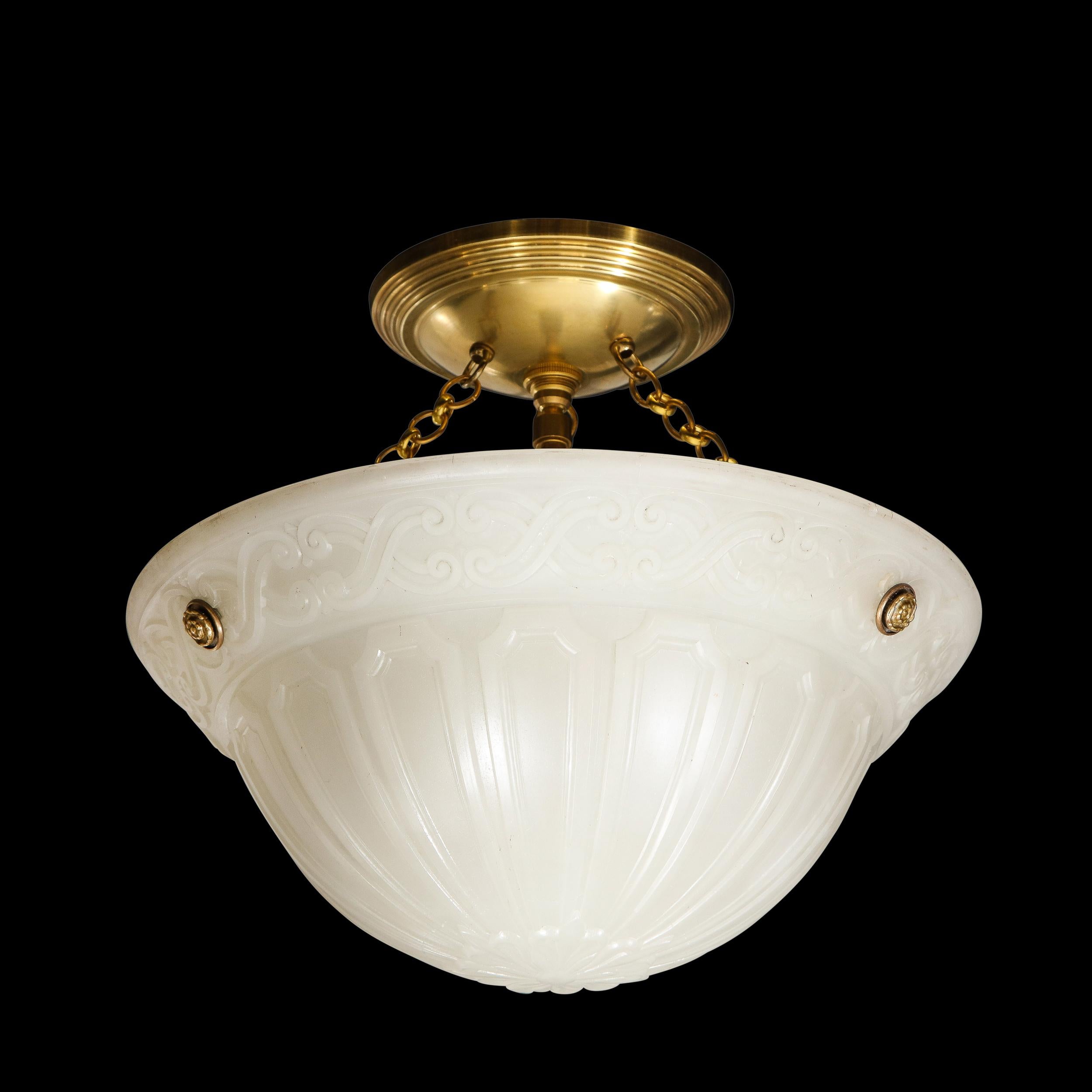 Art Deco Domed Milk Glass Pendant with Neoclassical Detailing & Brass Fittings For Sale 1