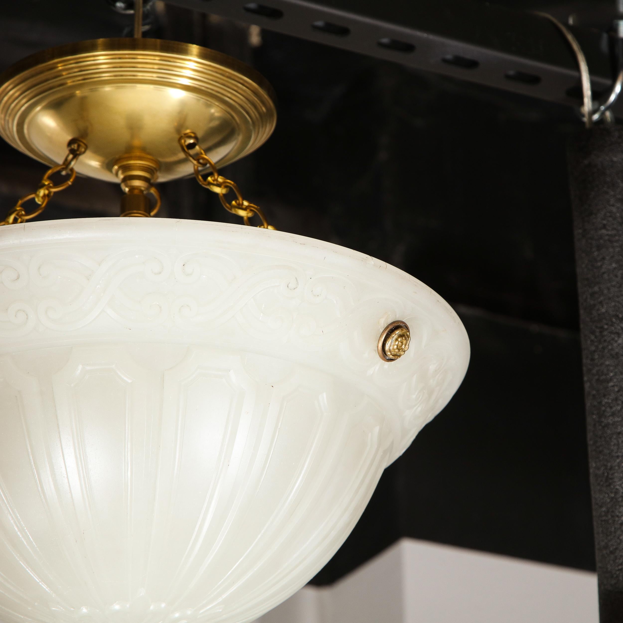 Art Deco Domed Milk Glass Pendant with Neoclassical Detailing & Brass Fittings For Sale 2