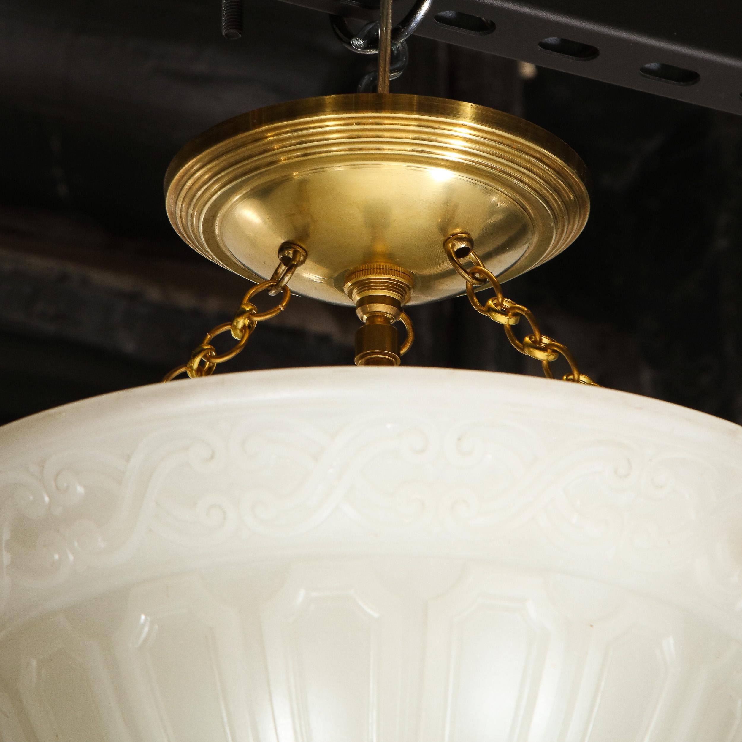 Art Deco Domed Milk Glass Pendant with Neoclassical Detailing & Brass Fittings For Sale 3