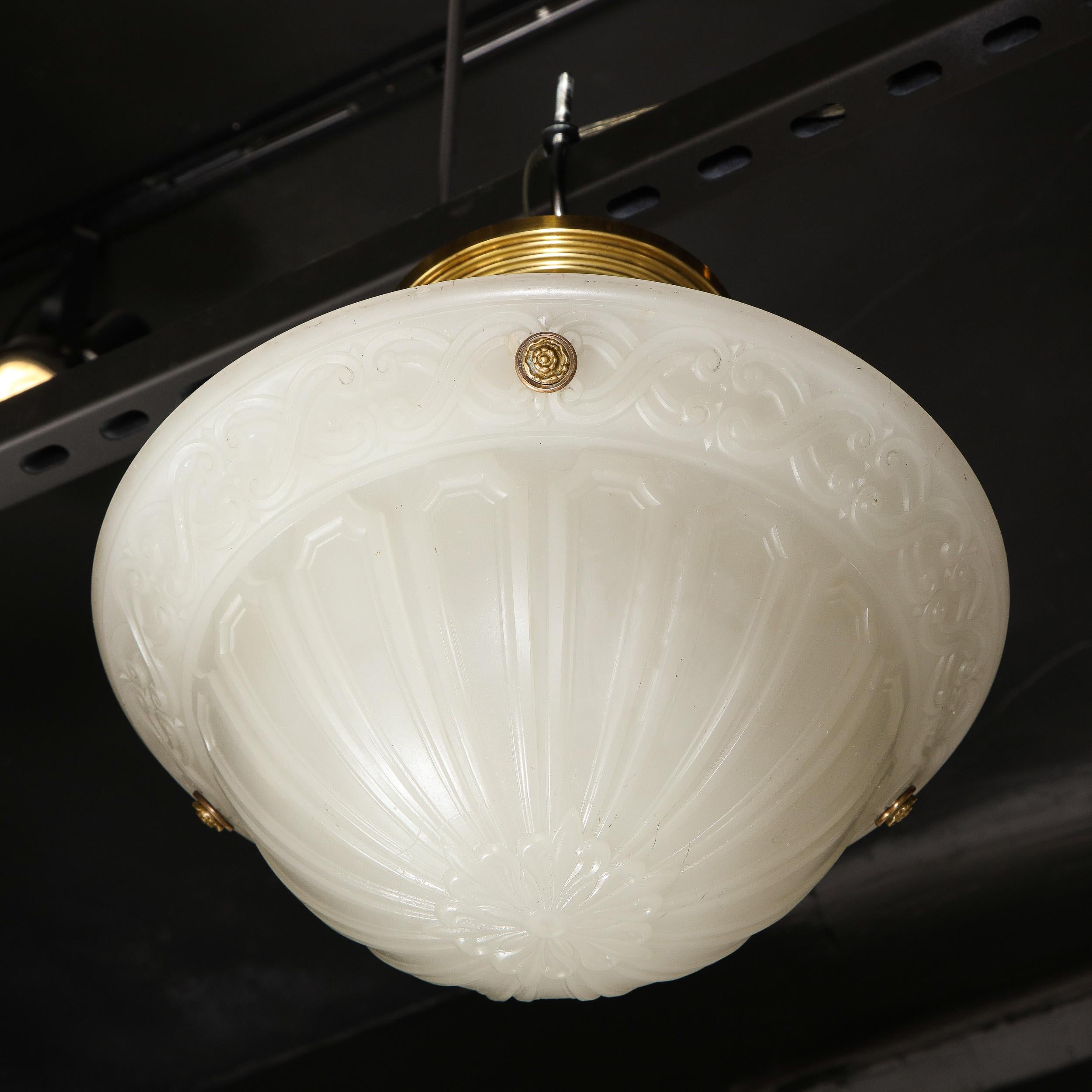 Art Deco Domed Milk Glass Pendant with Neoclassical Detailing & Brass Fittings For Sale 4
