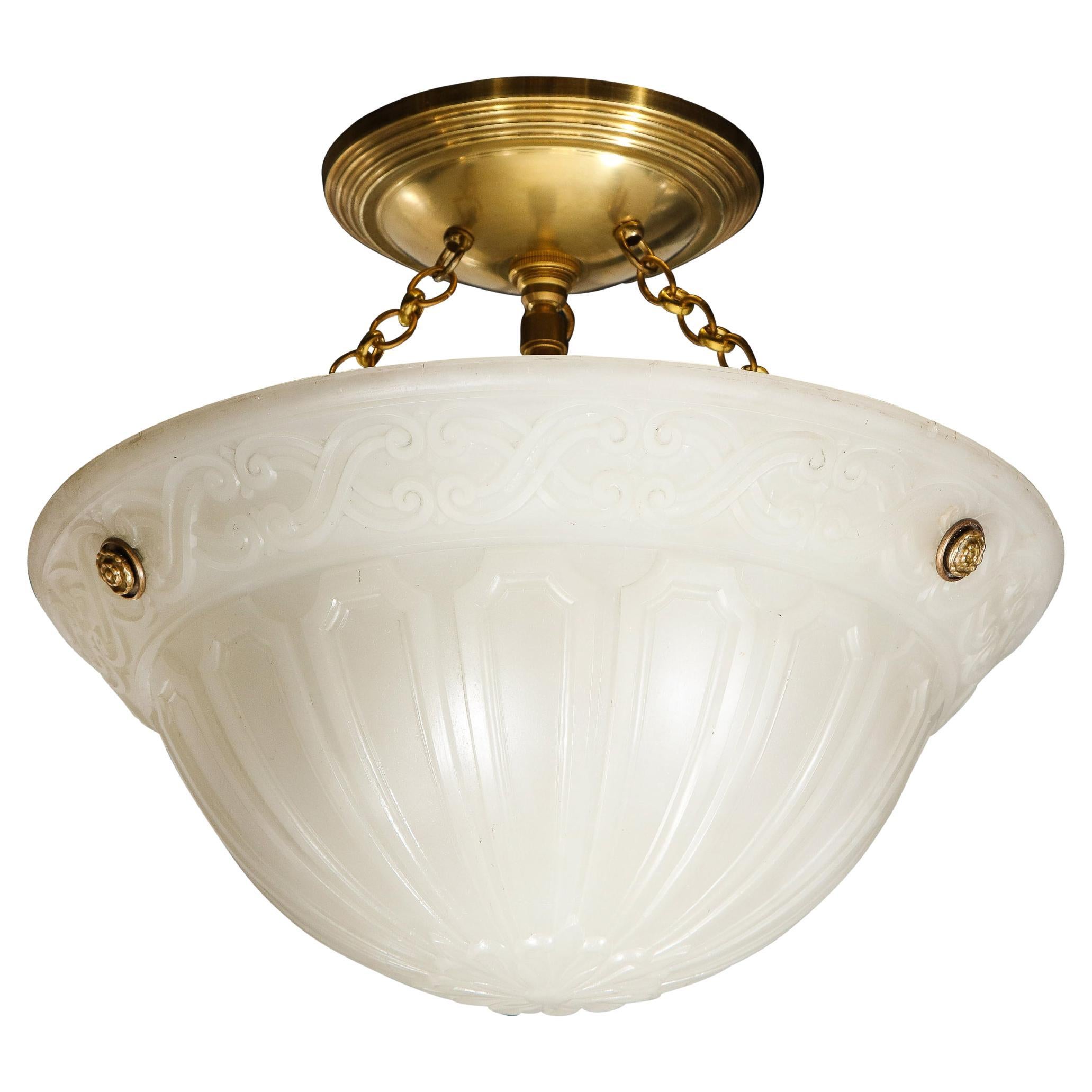 Art Deco Domed Milk Glass Pendant with Neoclassical Detailing & Brass Fittings For Sale
