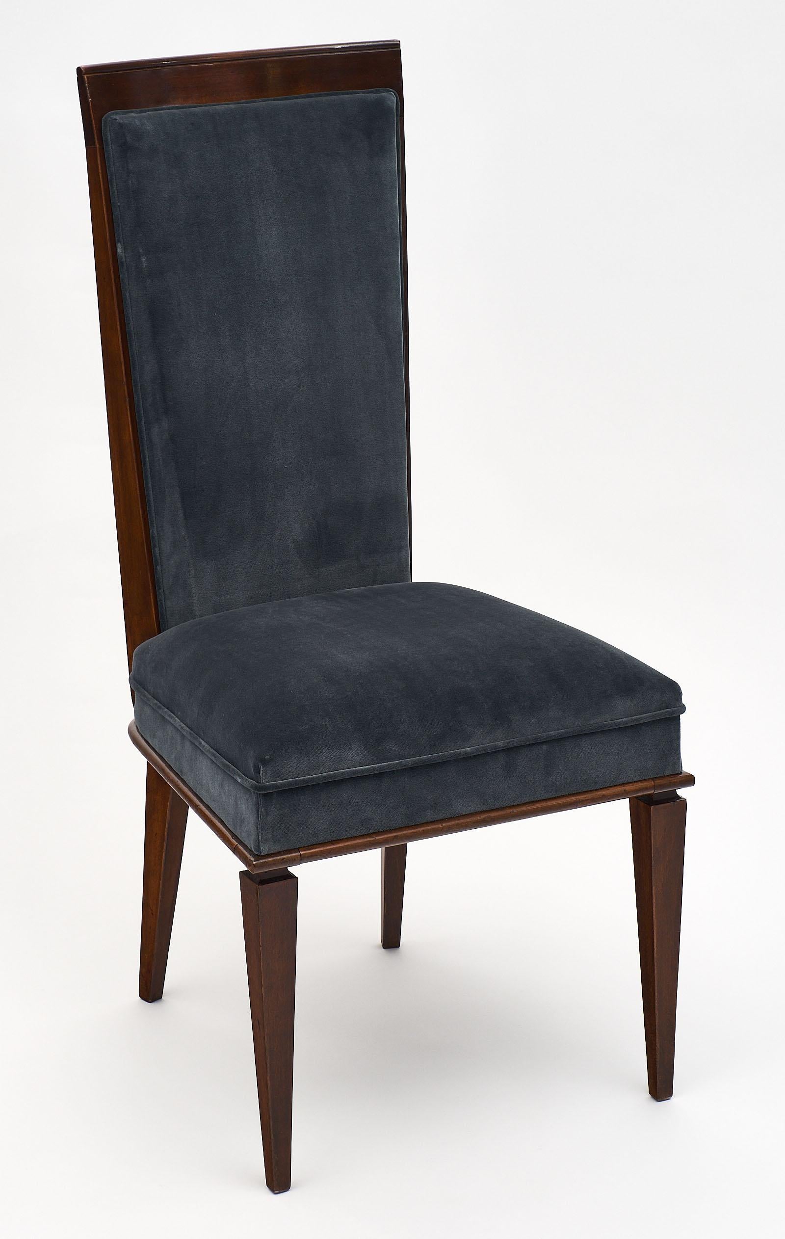 Dominique style Art Deco French dining chairs made of solid walnut with newly upholstered dark gray cotton velvet. They are very comfortable and sturdy, with elegant high backs.