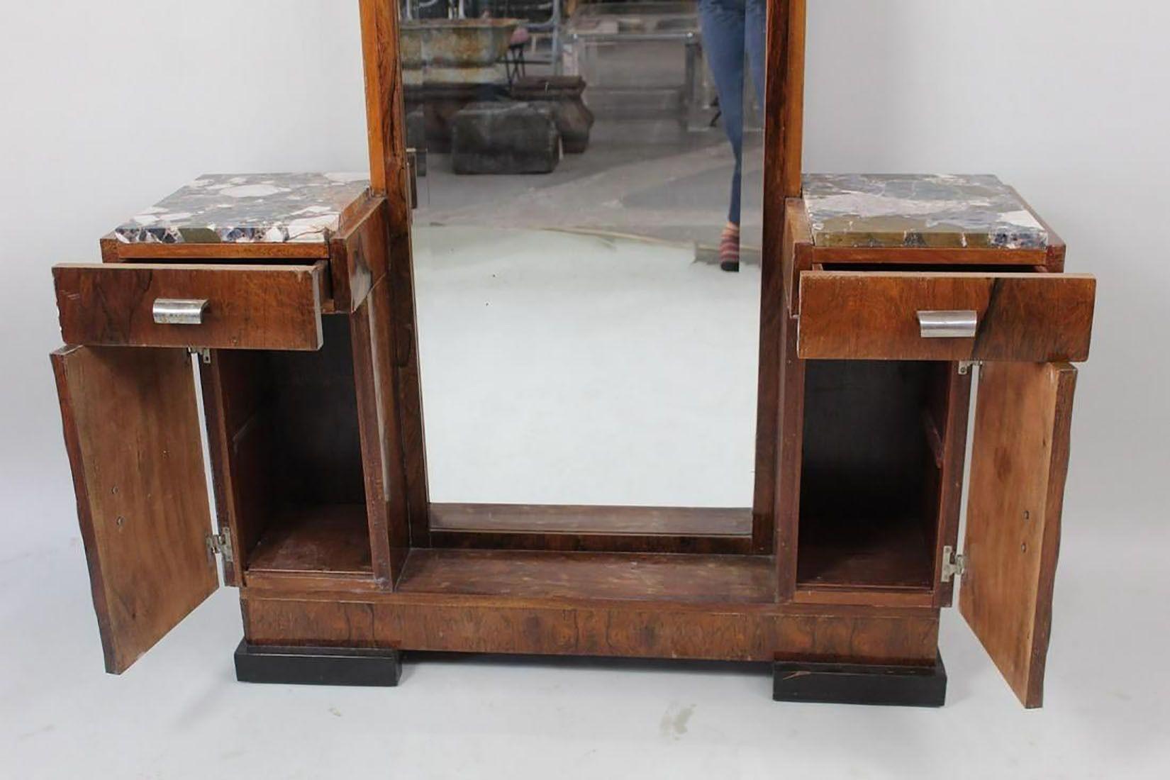 Mid-20th Century Art Deco Donald Deskey Style Palisander Wood and Marble Vanity w/ Full Mirror For Sale