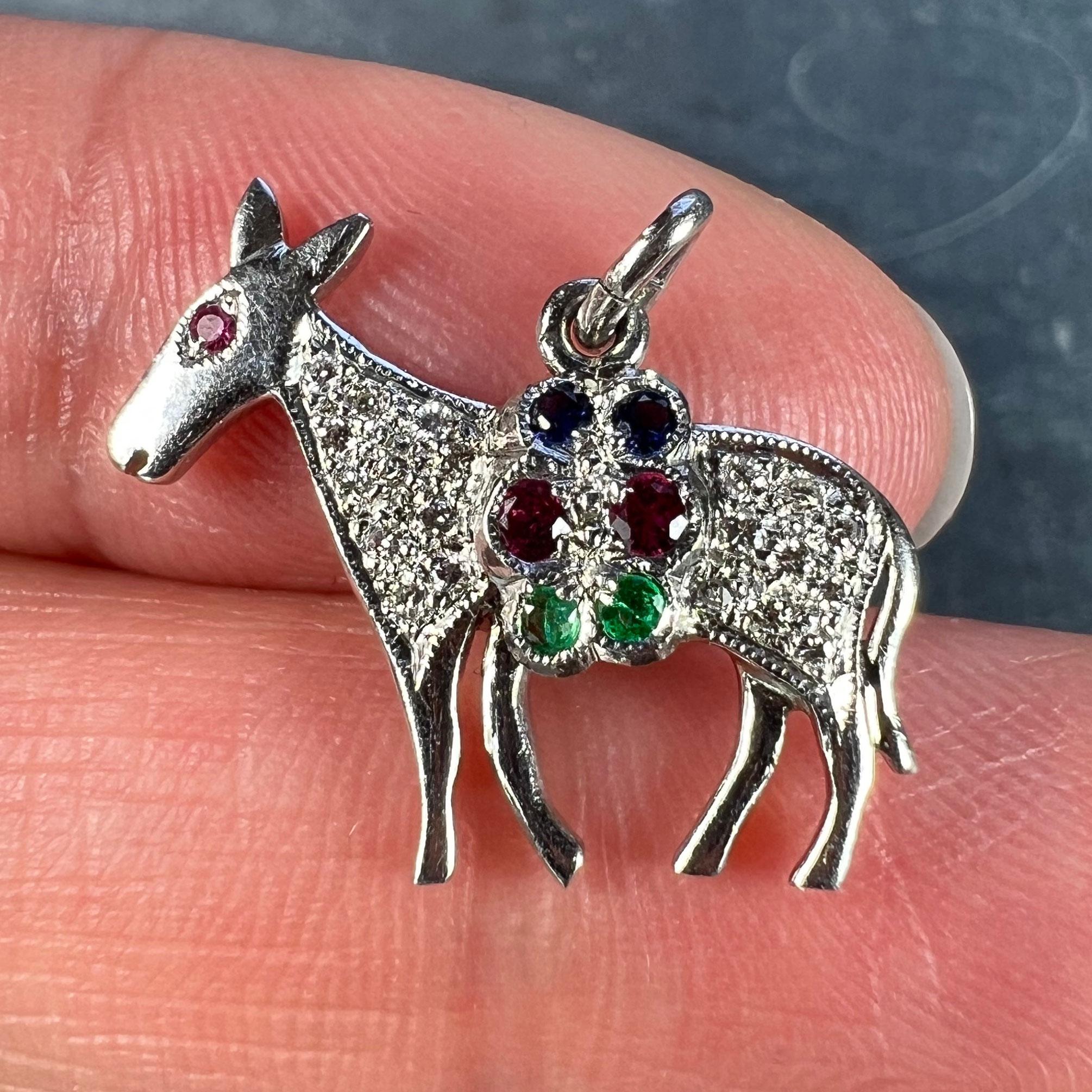 Women's or Men's Art Deco Donkey Mule Horse Platinum Diamond Ruby Sapphire Emerald Charm Pendant For Sale