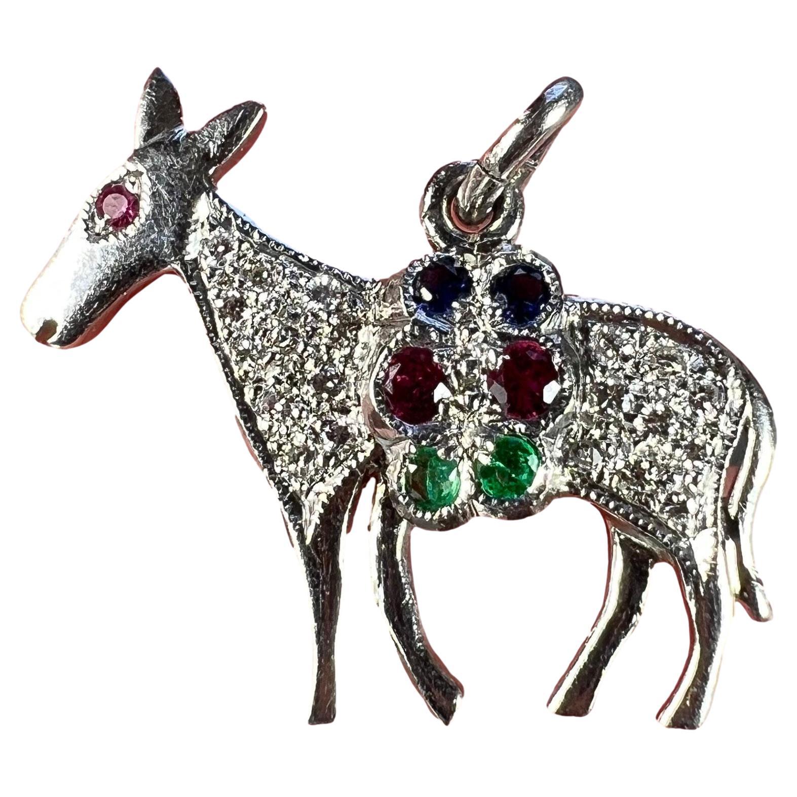 Art Deco Donkey Mule Horse Platinum Diamond Ruby Sapphire Emerald Charm Pendant For Sale