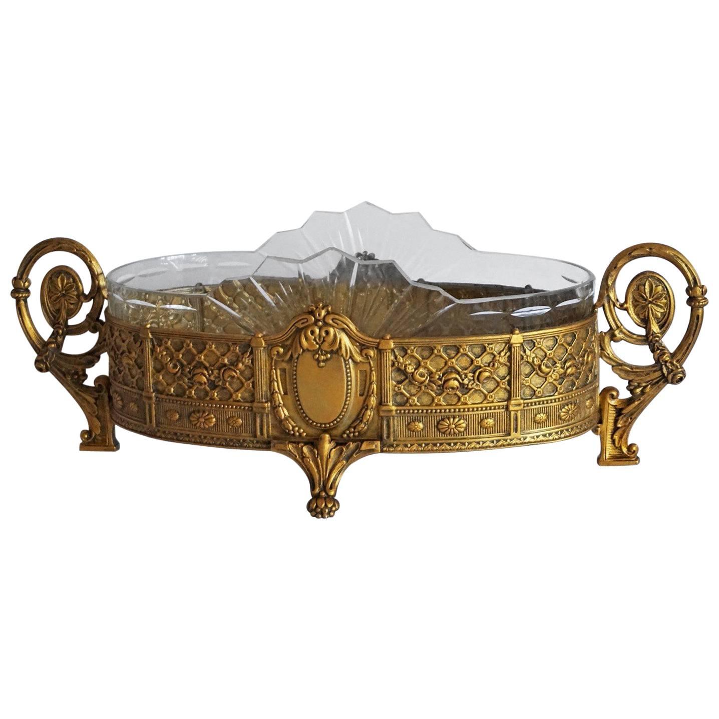 Art Deco Doré Bronze Cut Crystal Bowl Centrepiece, France circa 1930