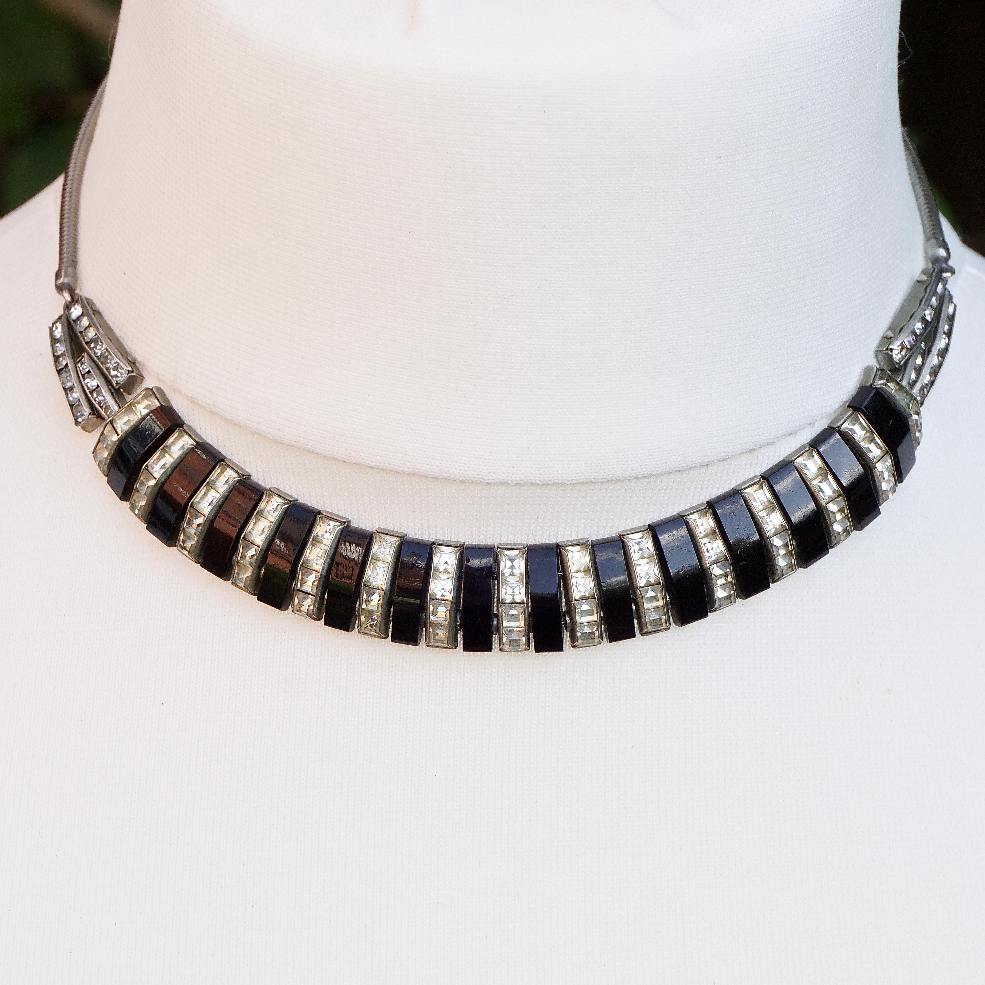 Art Deco DoSo Silver Tone Black Bakelite and Rhinestone Necklace circa 1930s 3