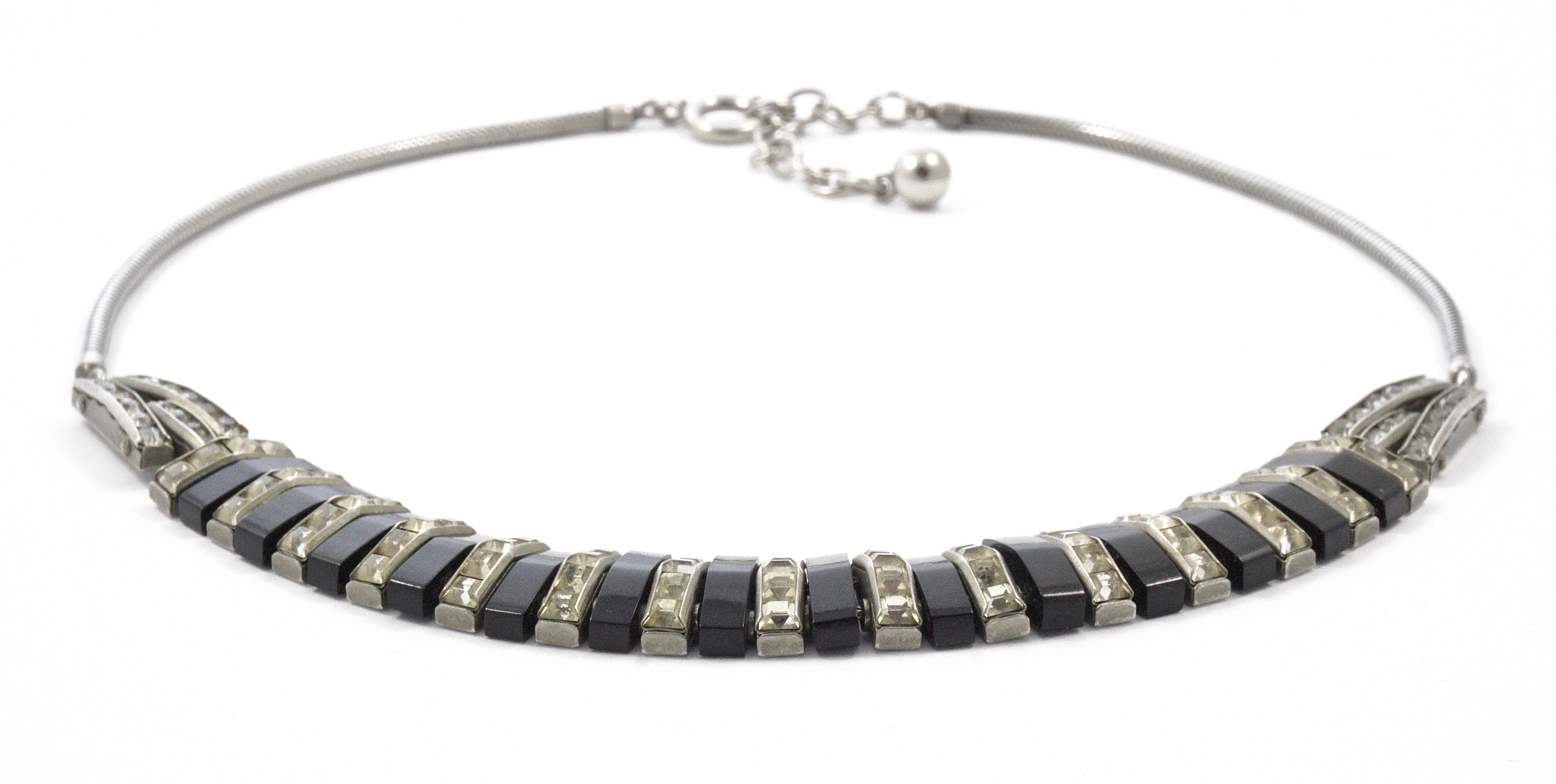 Art Deco DoSo Silver Tone Black Bakelite and Rhinestone Necklace circa 1930s 6