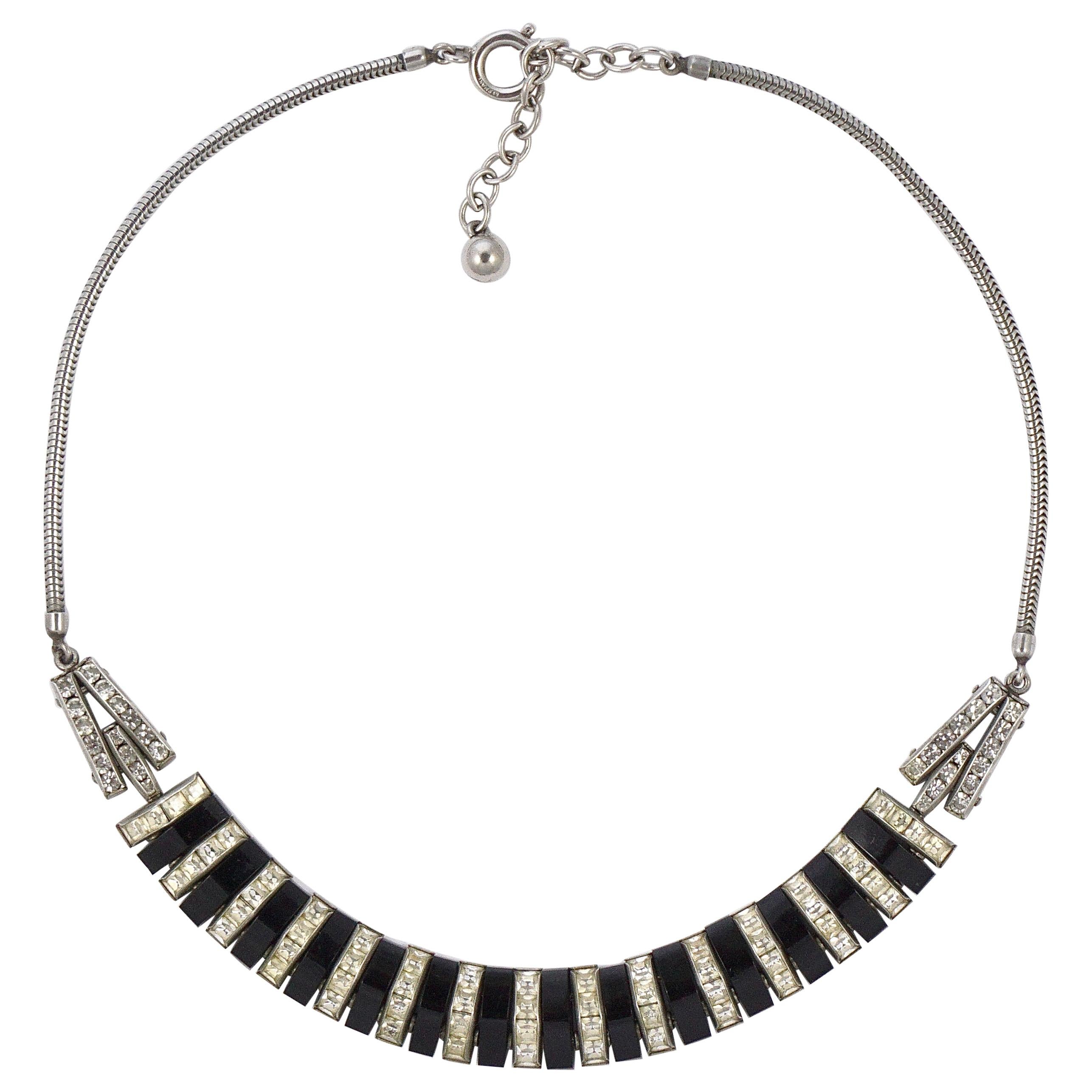 Art Deco DoSo Silver Tone Black Bakelite and Rhinestone Necklace circa 1930s