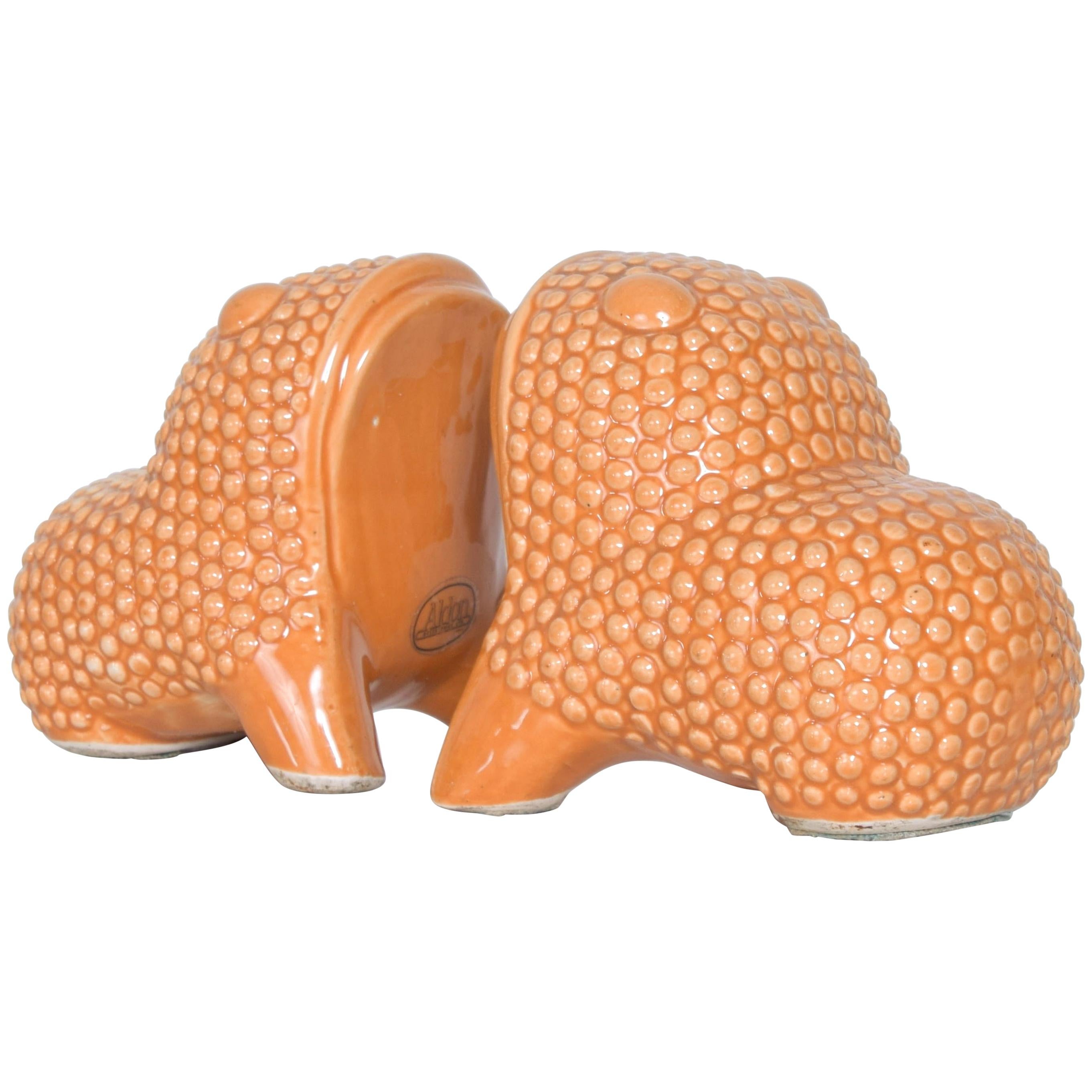 Art Deco Dotted Orange Ceramic Frog Whimsical Set of Bookends Modern, Japan 1975