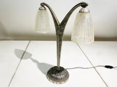 Art Deco Double Arm Table Lamp in Press Molded Glass/Nickeled Bronze, circa 1930