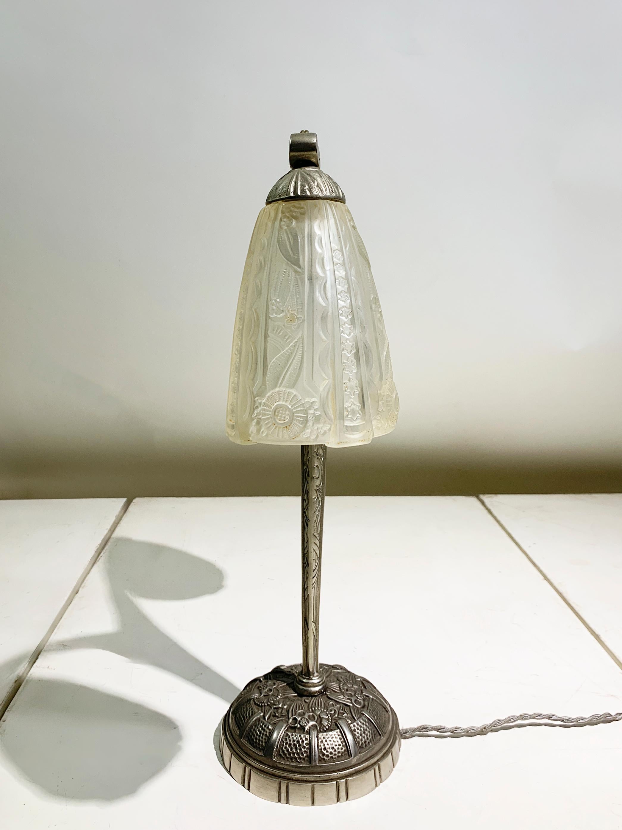 Pressed Art Deco Double Arm Table Lamp in Press Molded Glass/Nickeled Bronze, circa 1930 For Sale