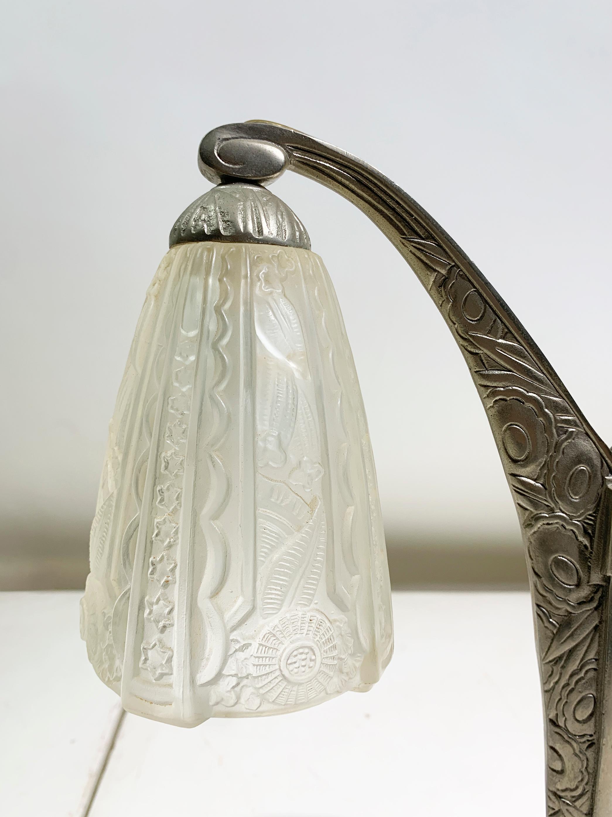 Art Deco Double Arm Table Lamp in Press Molded Glass/Nickeled Bronze, circa 1930 For Sale 1