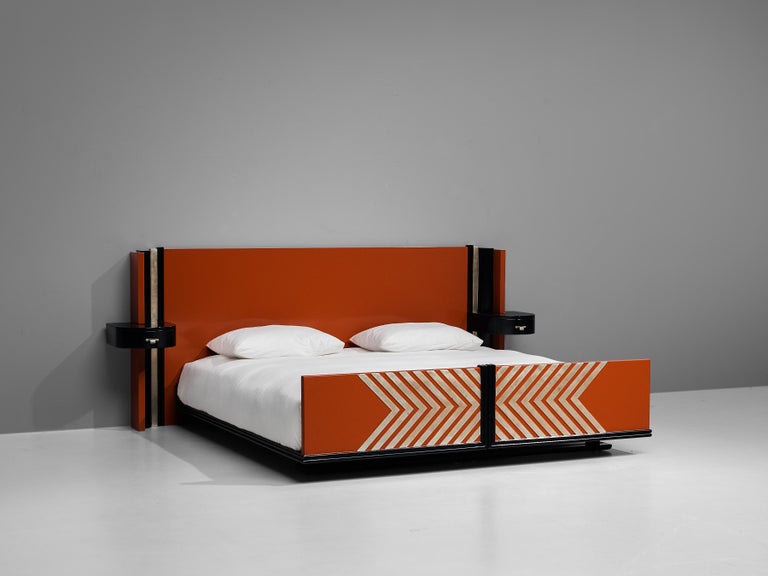 Nickel Art Deco Double Bed With Nightstands in Lacquered Wood For Sale